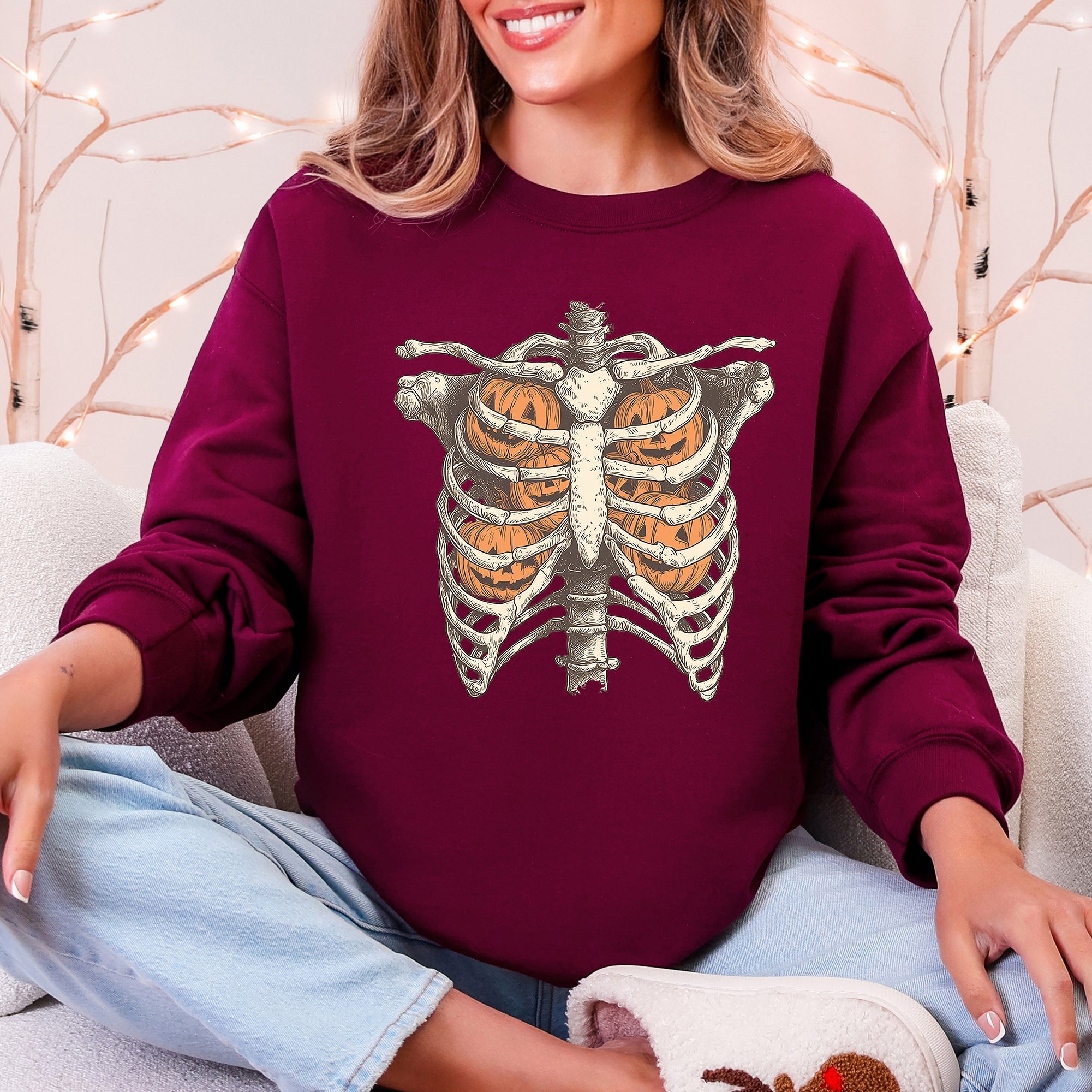 Halloween Skeleton, Pumpkins, Anatomy, Spooky Graphic Art Print For Halloween Season Sweatshirt