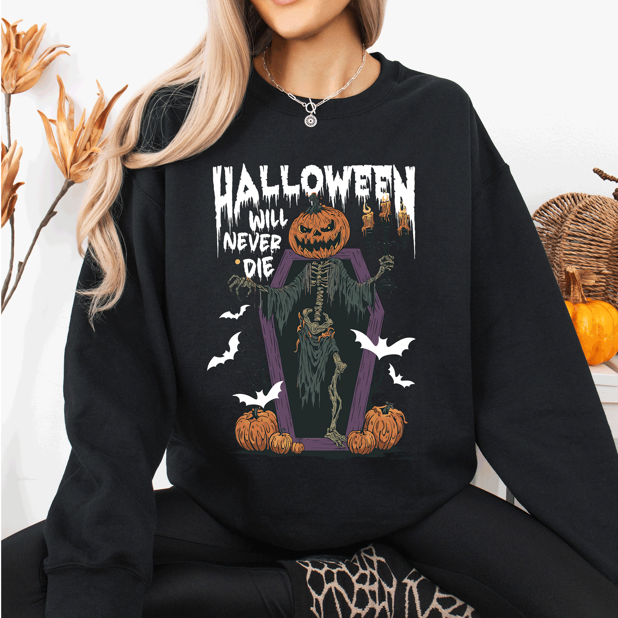 Halloween Will Never Die Spooky Jack O Lantern Pumpkin Haunted Autumn Night Graphic Illustration Collection Sweatshirt