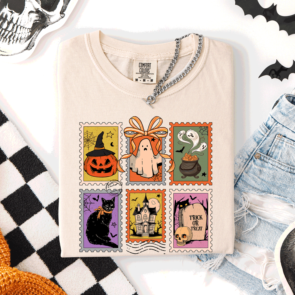 Classic Halloween Ghost Black Cat Pumpkin Witch Spooky Season Comfort Colors Tee