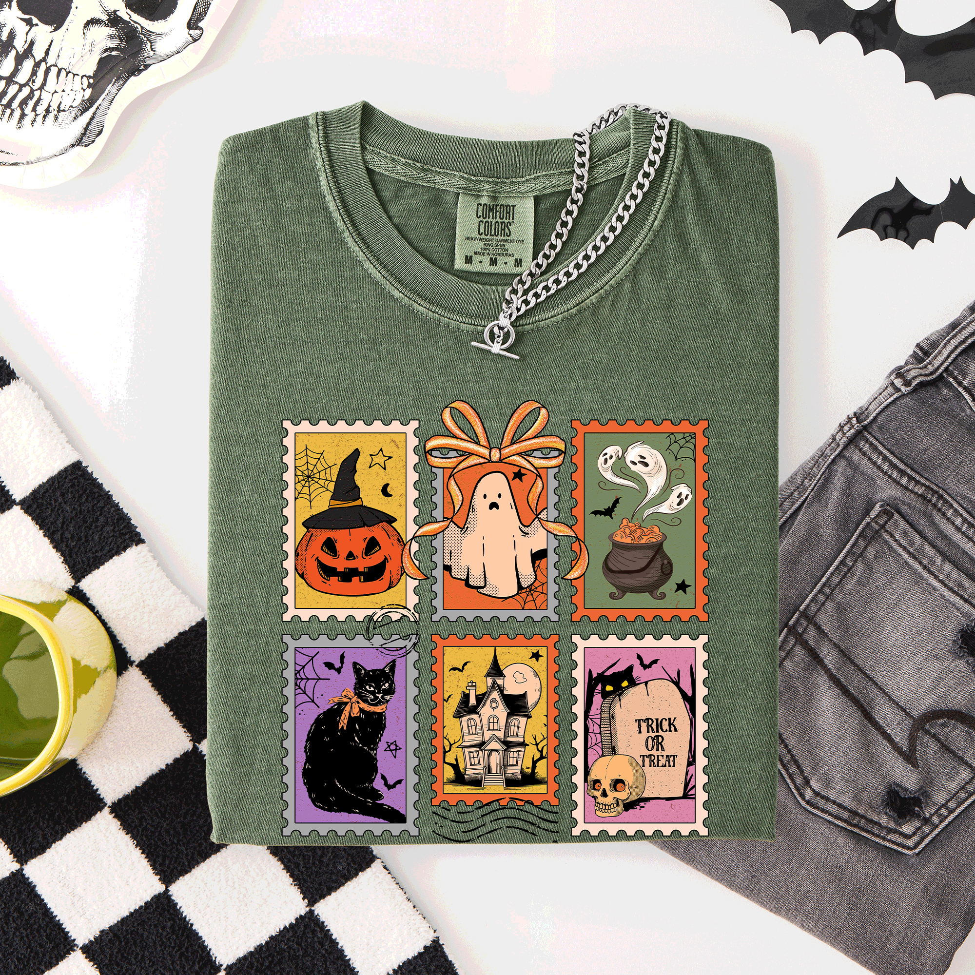 Classic Halloween Ghost Black Cat Pumpkin Witch Spooky Season Comfort Colors Tee