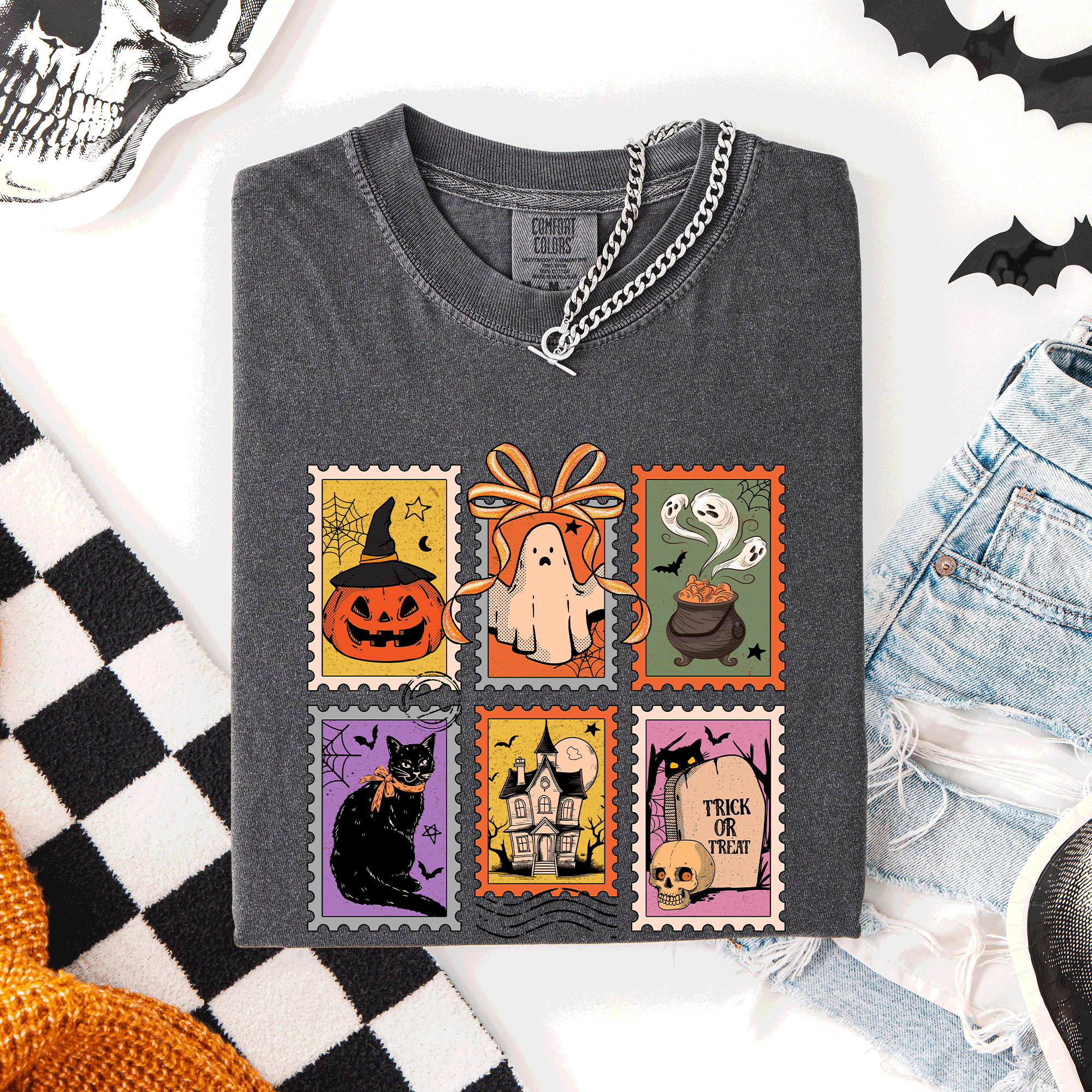 Classic Halloween Ghost Black Cat Pumpkin Witch Spooky Season Comfort Colors Tee