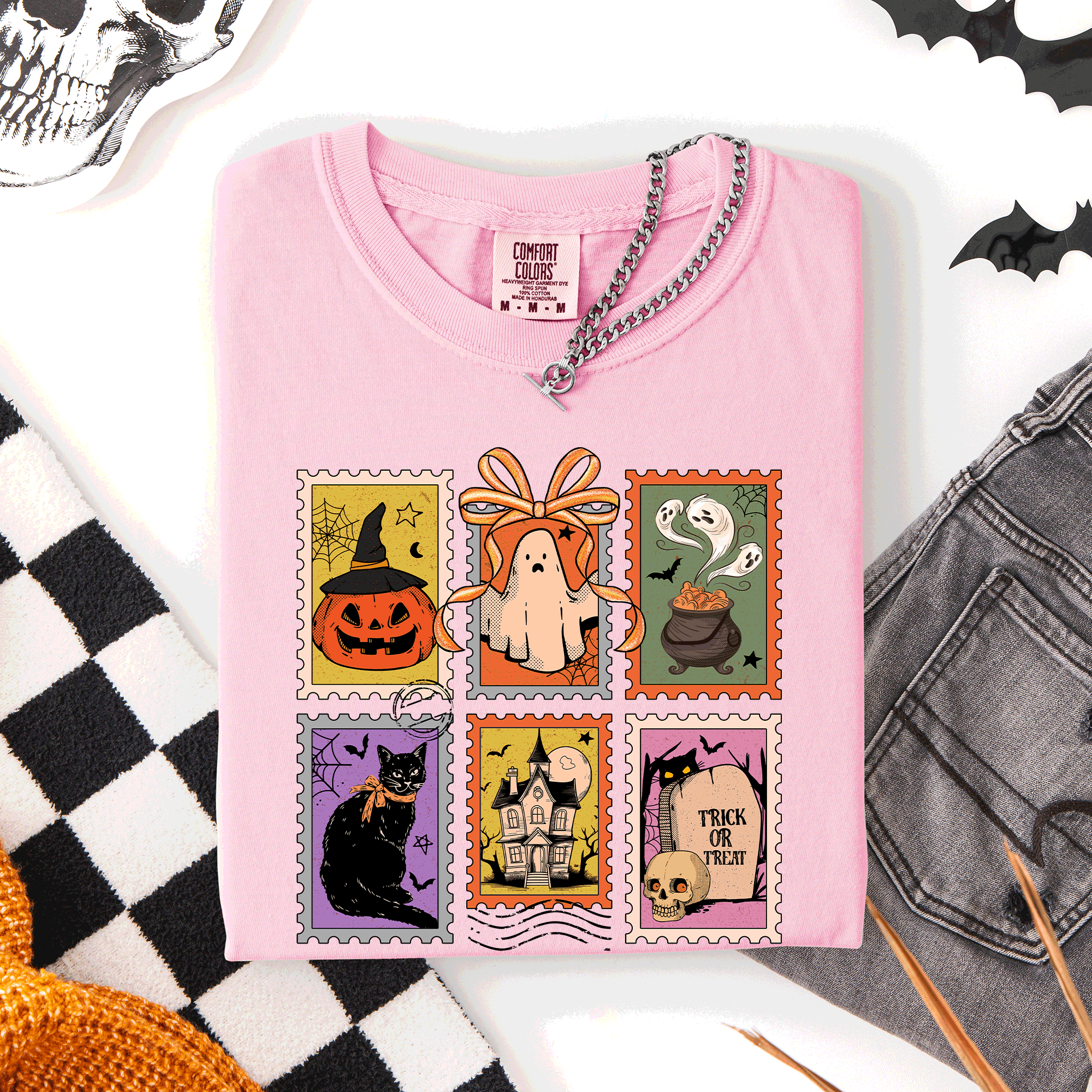 Classic Halloween Ghost Black Cat Pumpkin Witch Spooky Season Comfort Colors Tee