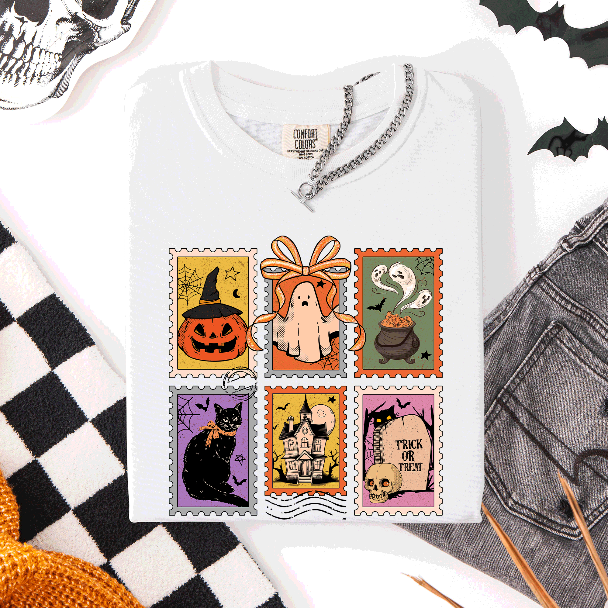 Classic Halloween Ghost Black Cat Pumpkin Witch Spooky Season Comfort Colors Tee