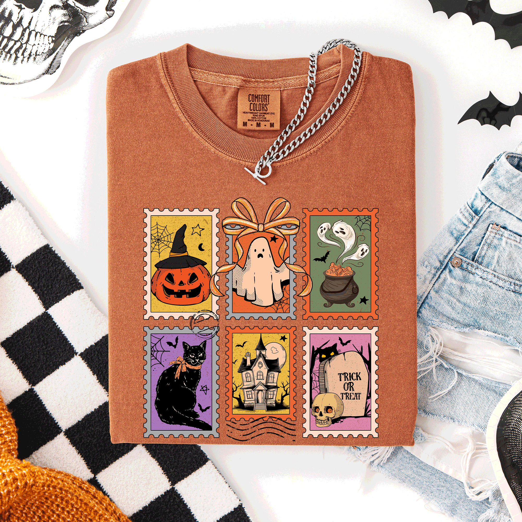 Classic Halloween Ghost Black Cat Pumpkin Witch Spooky Season Comfort Colors Tee