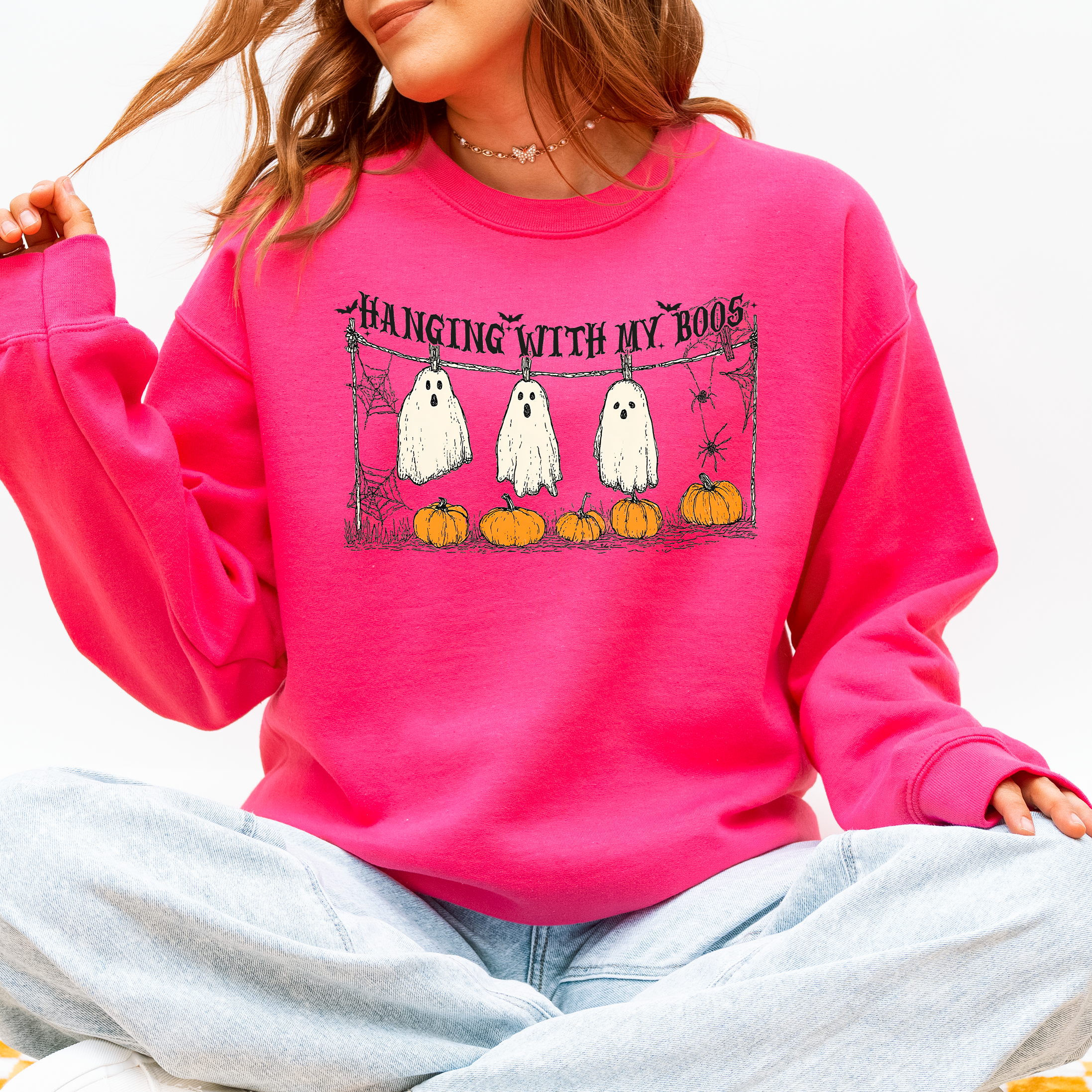 Hanging With My Boos Ghosts Halloween Spooky Seasonal Pumpkins Cozy Graphic Sweatshirt