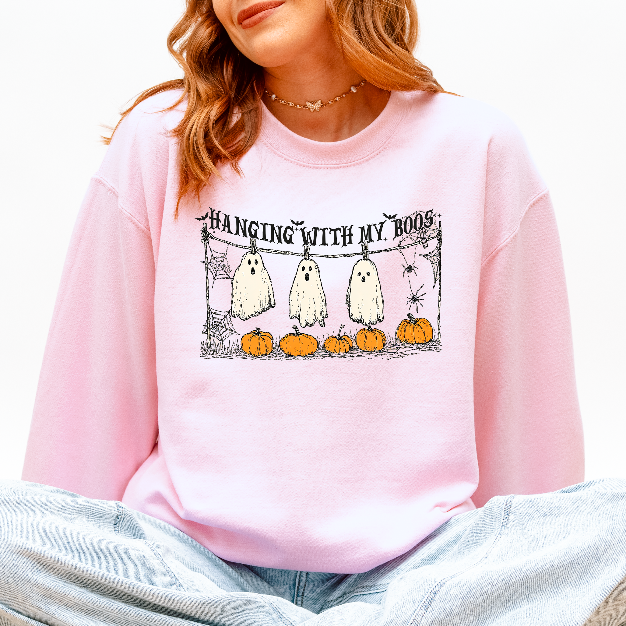 Hanging With My Boos Ghosts Halloween Spooky Seasonal Pumpkins Cozy Graphic Sweatshirt