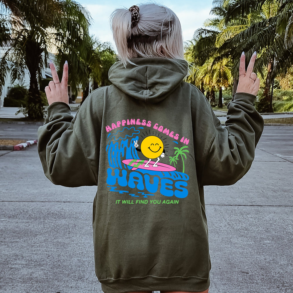 Happiness Comes In Waves Retro Beach Vibes Fun Sun Coastal Sunrise Mood Graphic Hoodie