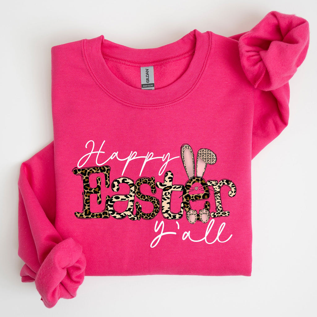 Happy Easter Y'all Leopard Print Rabbit Playful Bunny Motif For Springtime Celebration Cozy Fleece Sweatshirt