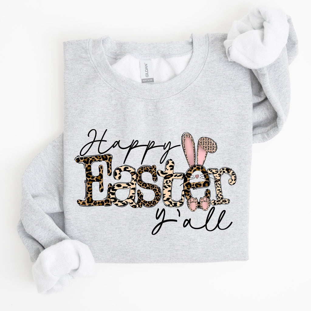 Happy Easter Y'all Leopard Print Rabbit Playful Bunny Motif For Springtime Celebration Cozy Fleece Sweatshirt