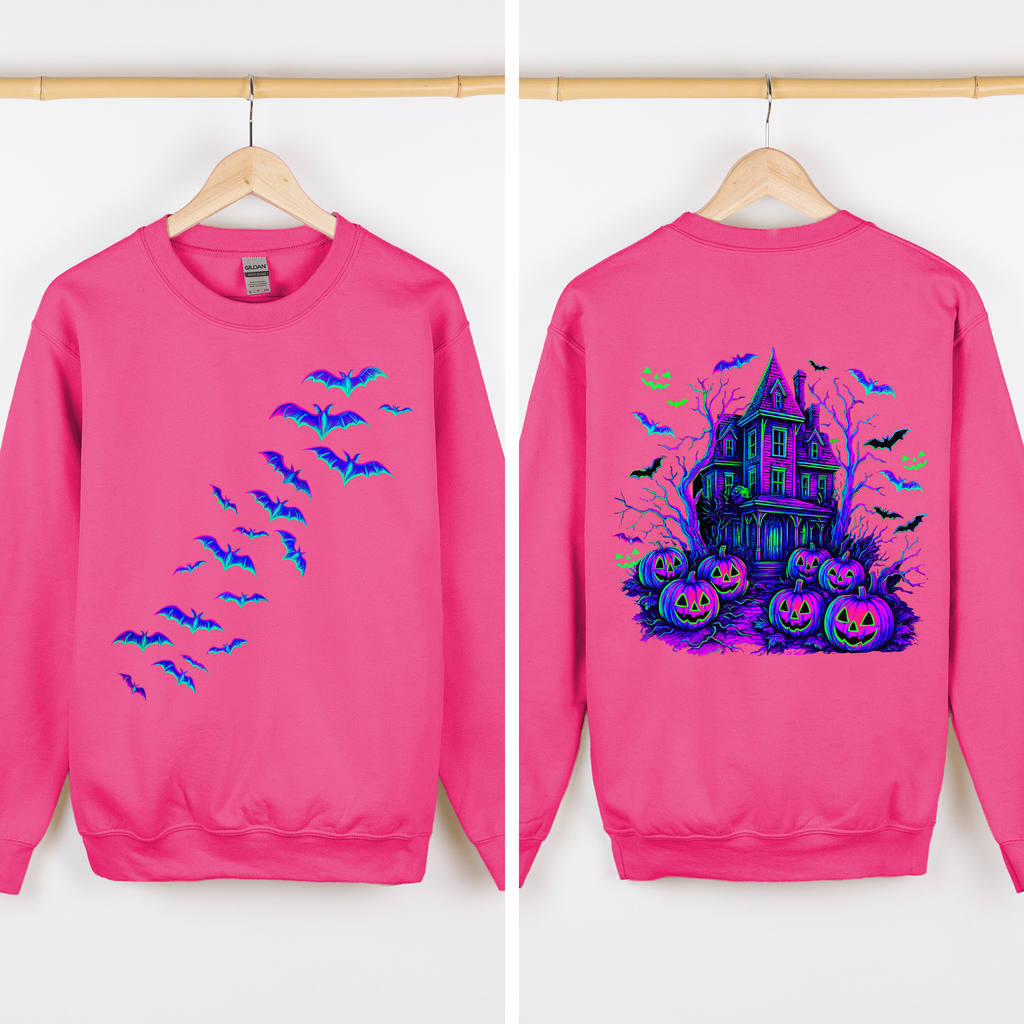 Haunted House Bright Colors Halloween Scene With Bats And Ghosts Spooky Night Parade Sweatshirt