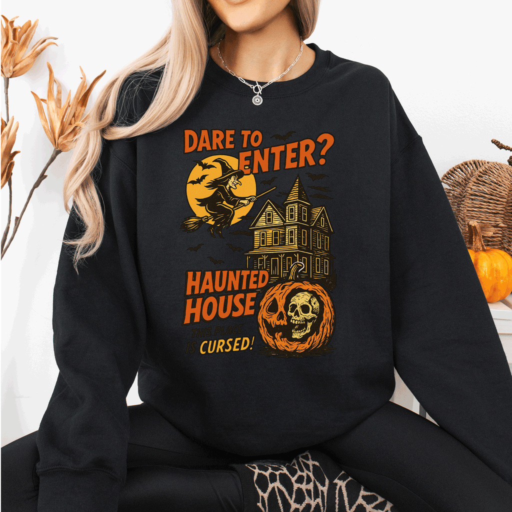 Haunted House Halloween Retro Spooky Witch Night Sky Moonlit Pumpkin Tales Vintage Illustration Sweatshirt
