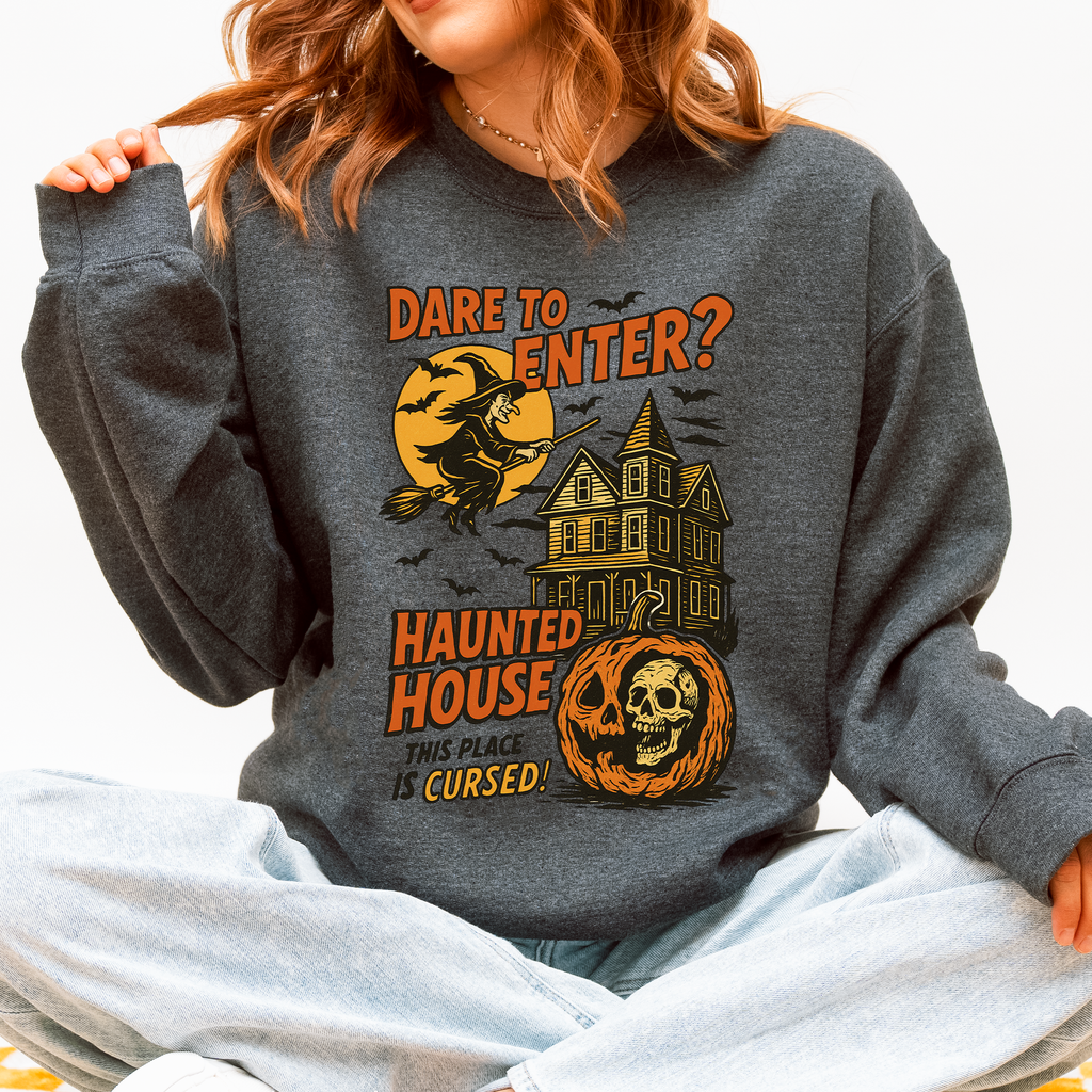Haunted House Halloween Retro Spooky Witch Night Sky Moonlit Pumpkin Tales Vintage Illustration Sweatshirt