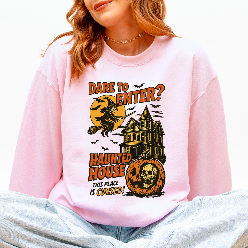 Haunted House Halloween Retro Spooky Witch Night Sky Moonlit Pumpkin Tales Vintage Illustration Sweatshirt