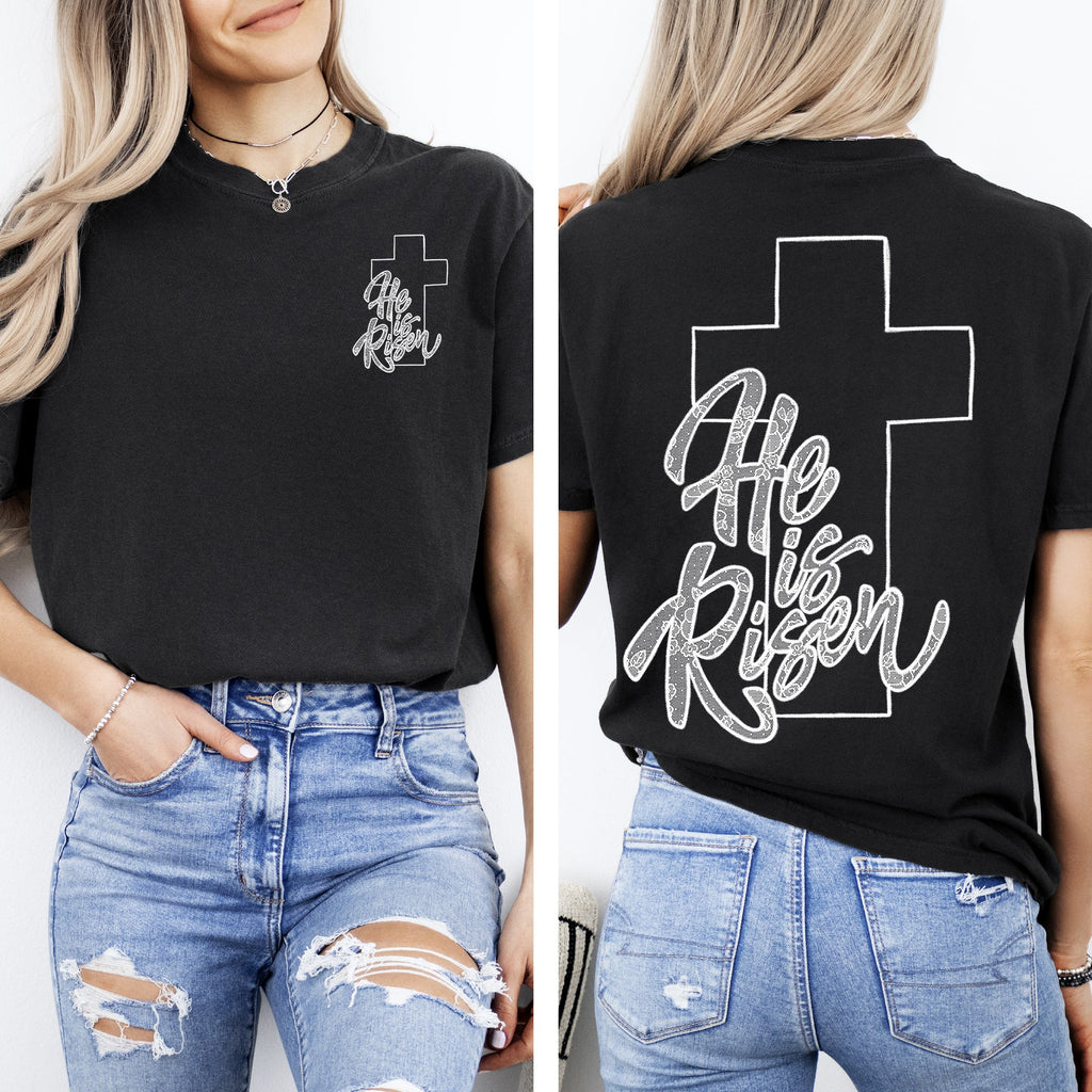 He Is Risen Faux Lace Girly Cross Christian Jesus Gospel Faith Saved Comfort Colors Tee