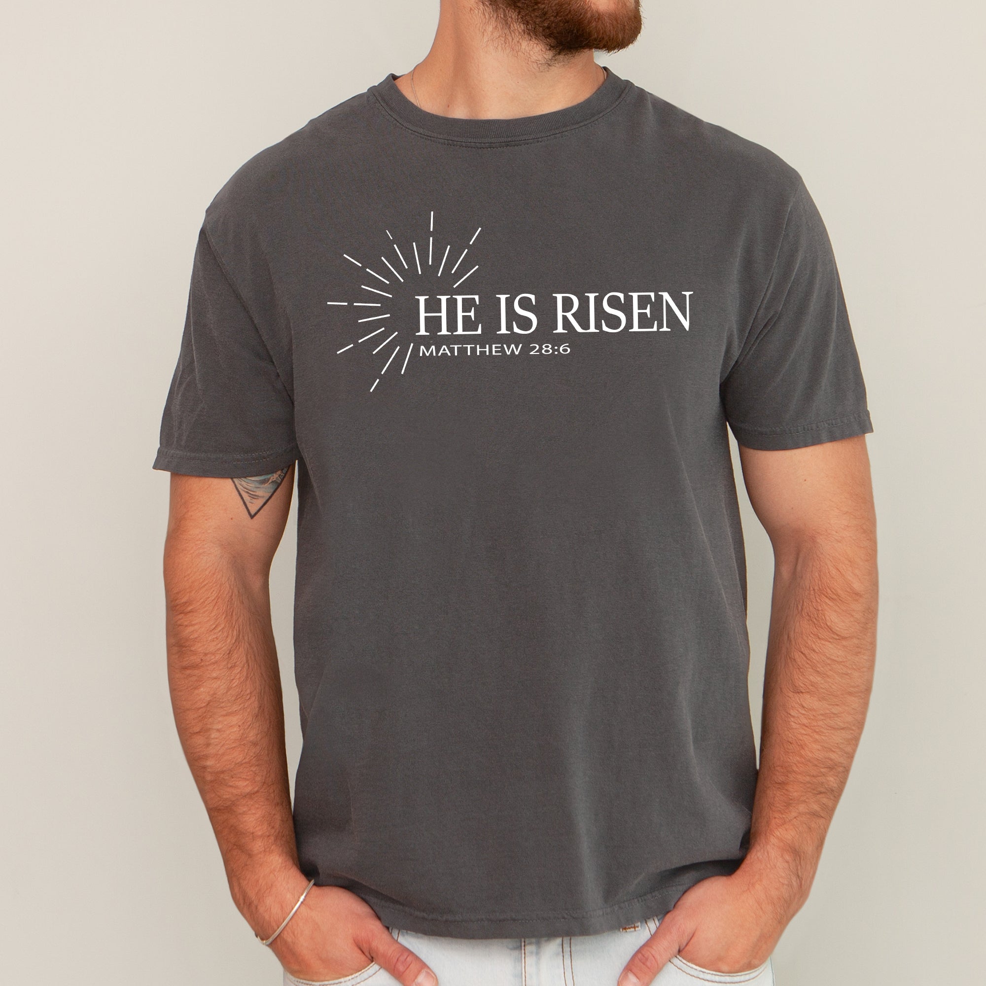 He Is Risen Matthew Christian Jesus Gospel Faith Saved Bible Verse Comfort Colors Tee