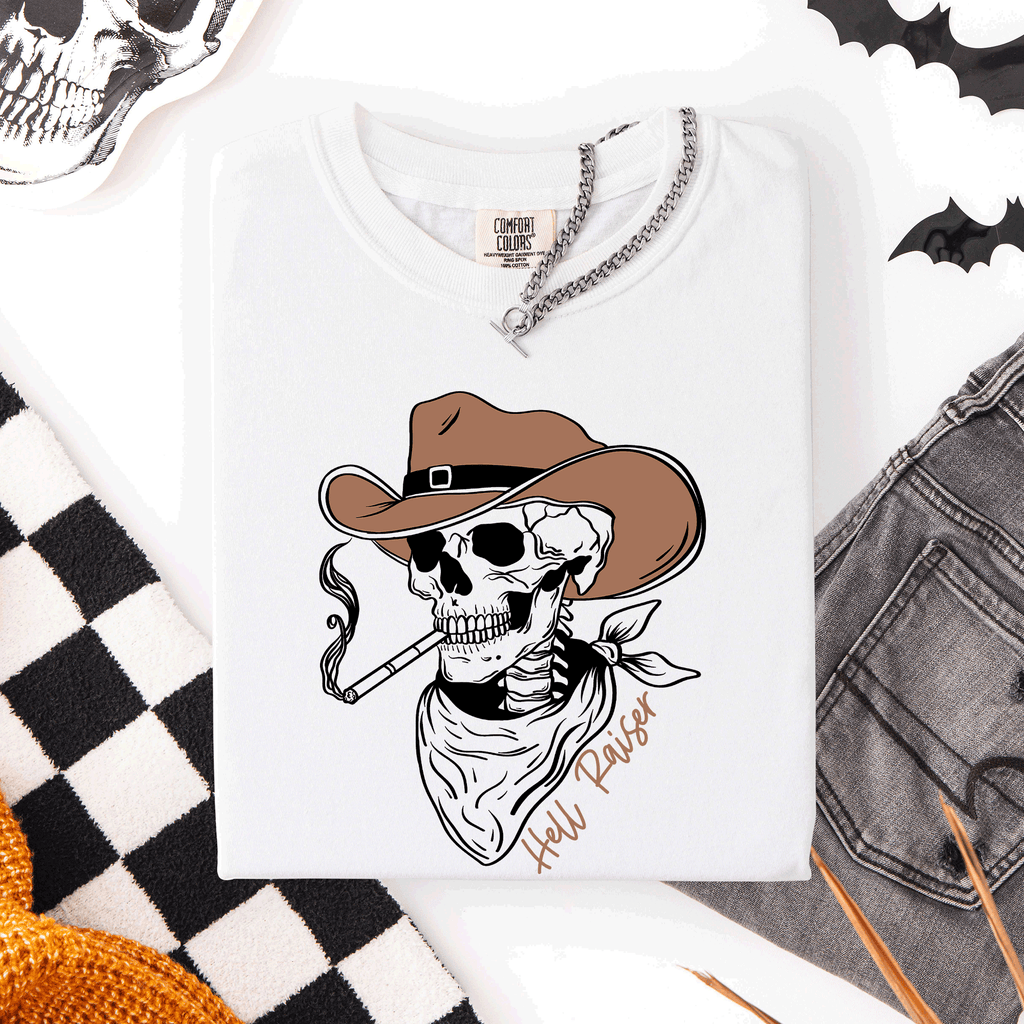 Hell Raiser Skeleton Halloween Spooky Cowboy Country Western Edition Comfort Colors Tee