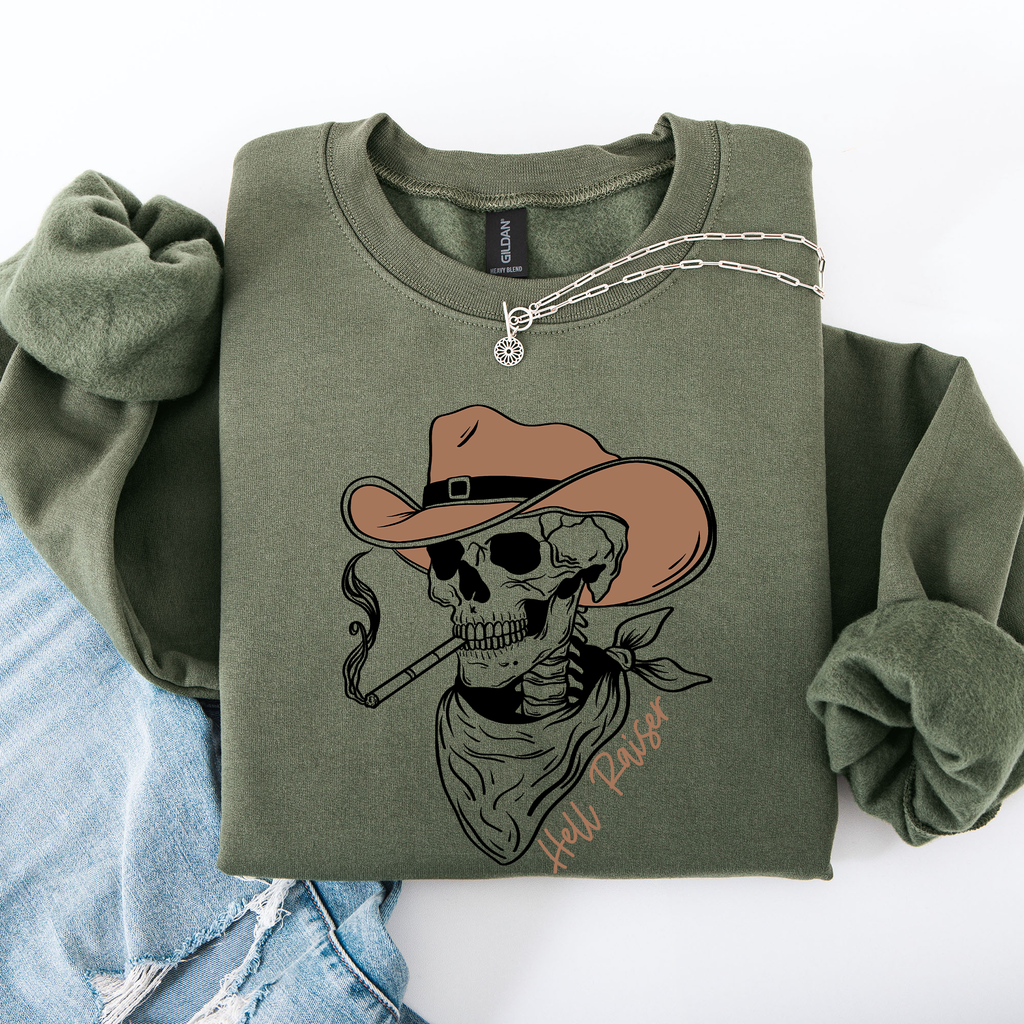 Hell Raiser Skeleton Halloween Western Spooky Cowboy Country Premium Graphic Sweatshirt
