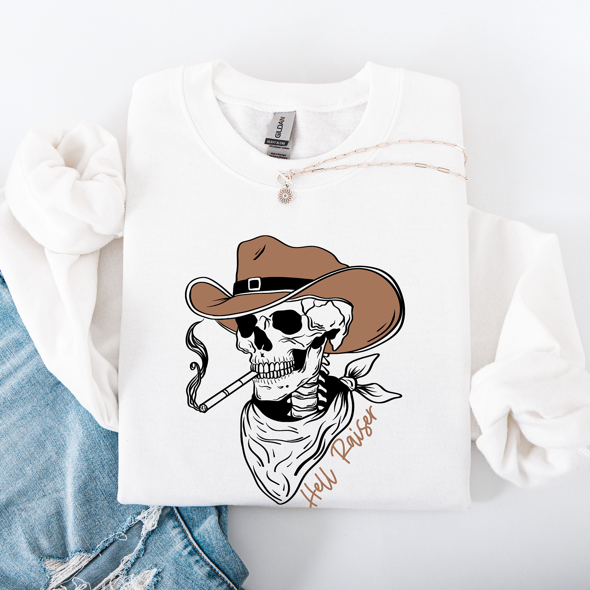 Hell Raiser Skeleton Halloween Western Spooky Cowboy Country Premium Graphic Sweatshirt