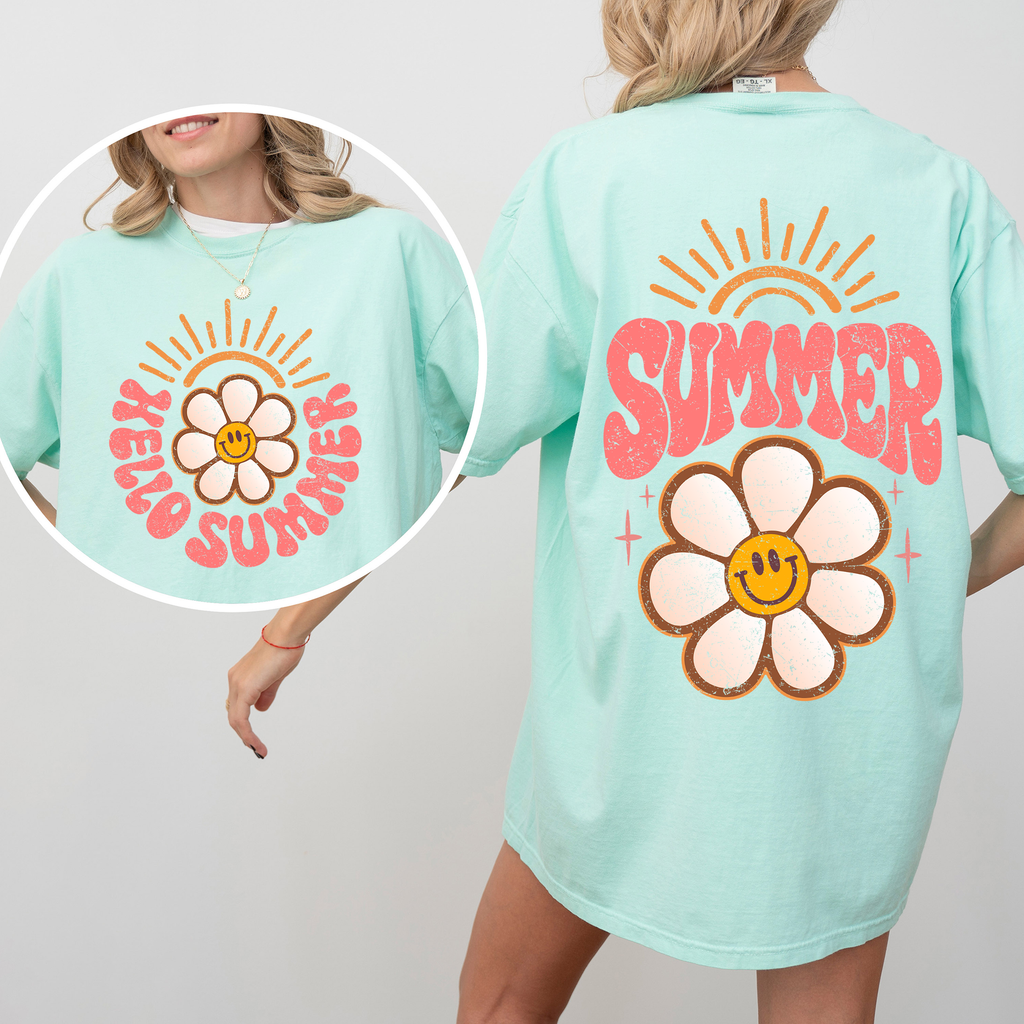 Hello Summer Smiley Daisy Beach Fun Sunshine Vibes Tropical Escape Comfort Colors Tee