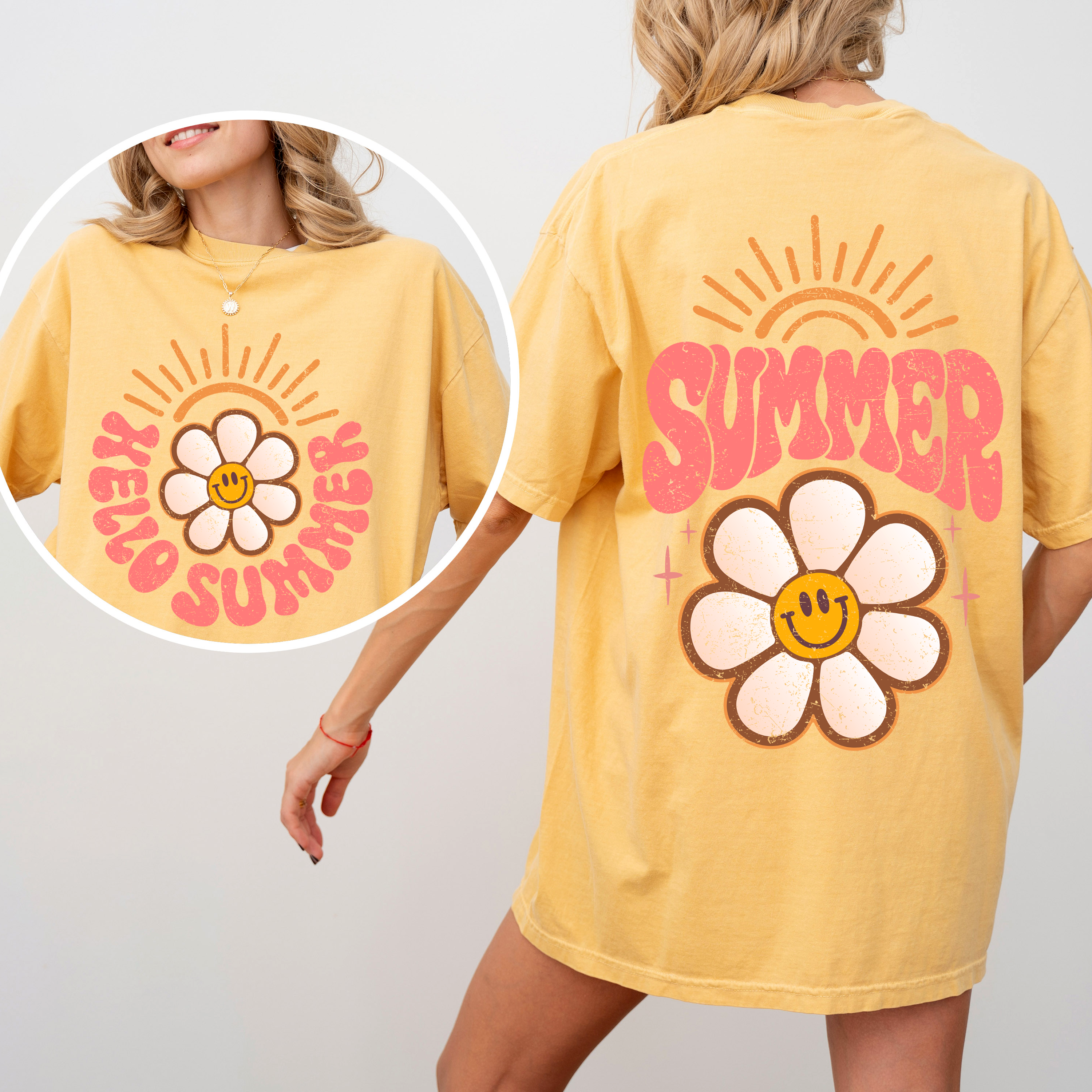 Hello Summer Smiley Daisy Beach Fun Sunshine Vibes Tropical Escape Comfort Colors Tee