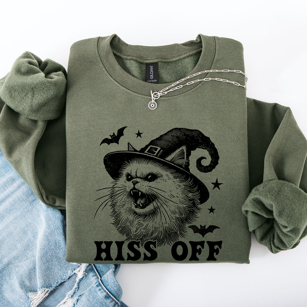 Hiss Off Cat Halloween Witch Cozy Feline Graphic Illustration For Cozy Fall Fashion Sweatshirt