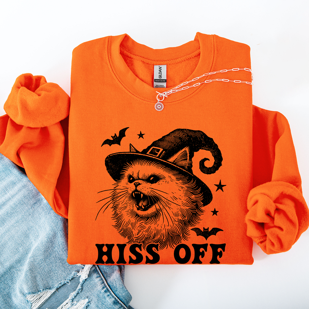 Hiss Off Cat Halloween Witch Cozy Feline Graphic Illustration For Cozy Fall Fashion Sweatshirt