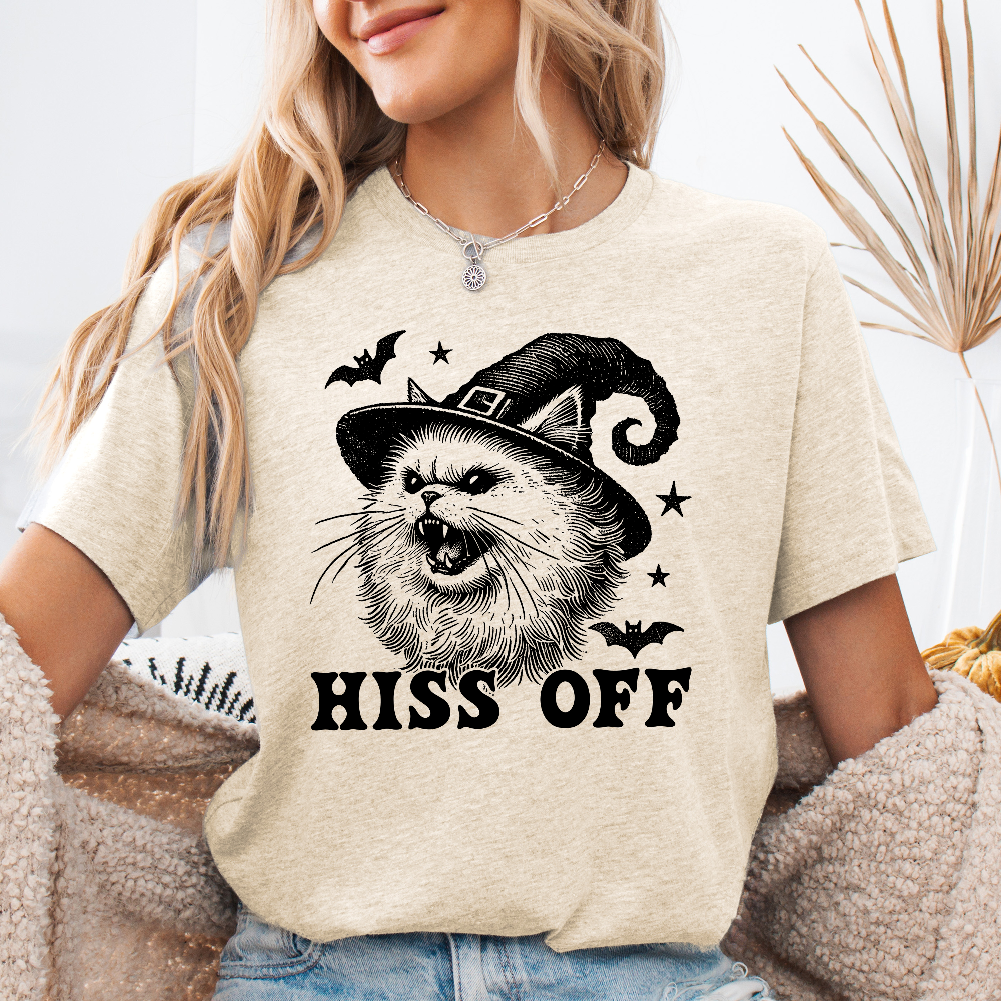 Hiss Off Cat Halloween Witch Graphic Montage With Spooky Silhouette Moonlit Cauldron And Witchy Prowl Graphic Tee