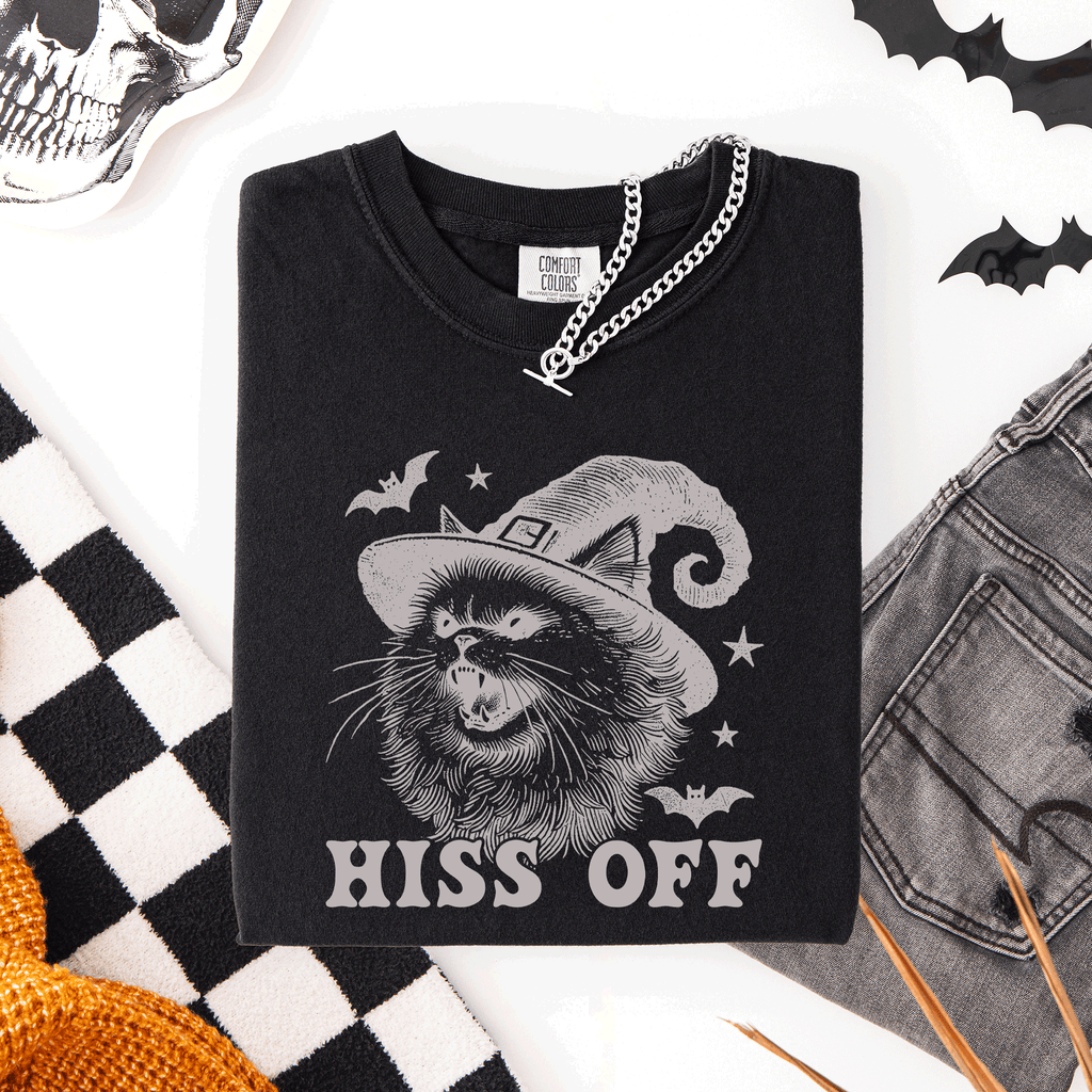 Hiss Off Cat Halloween Witch Funny For Cat Lovers And Halloween Enthusiasts Comfort Colors Tee