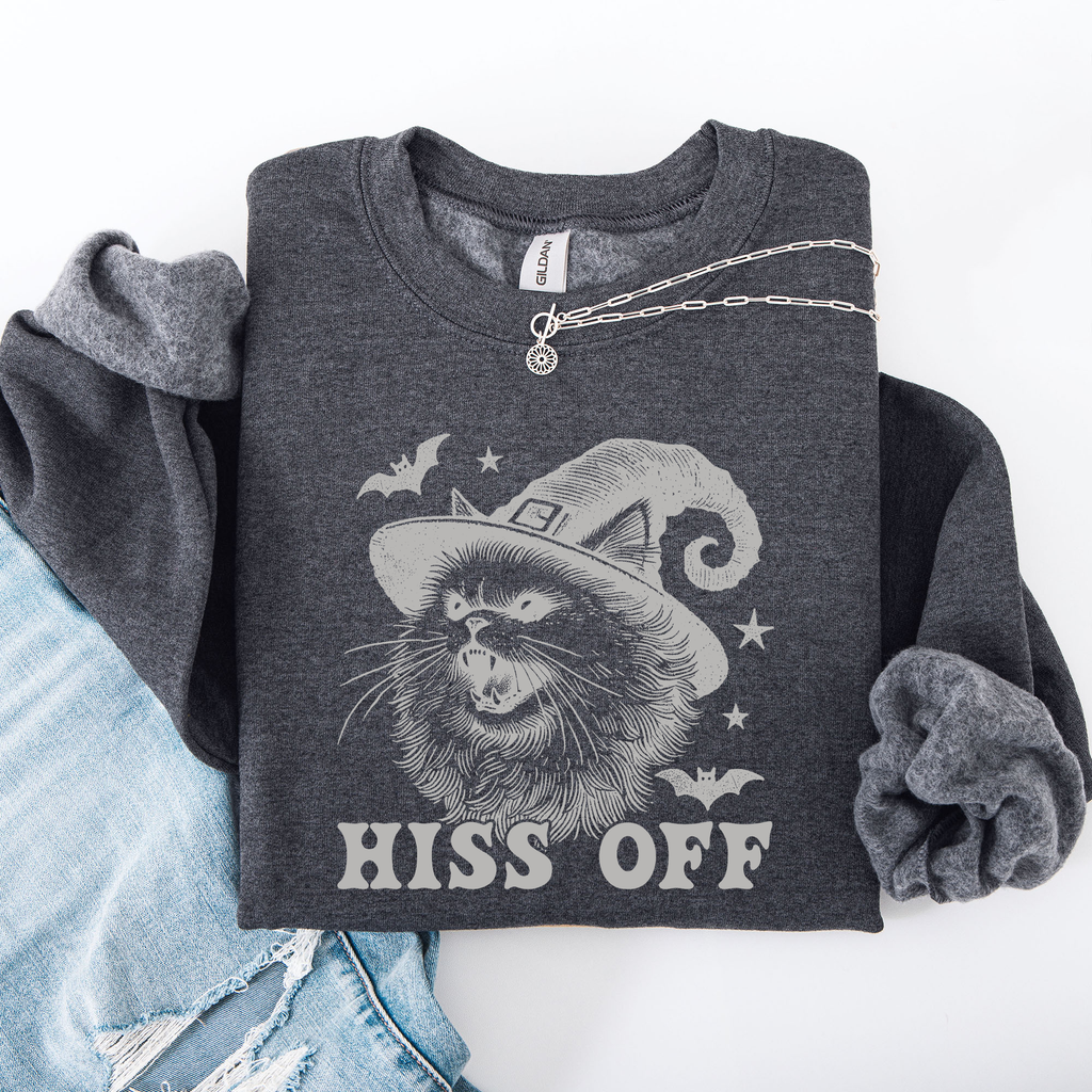 Hiss Off Cat Halloween Witch Cozy Feline Graphic Illustration For Cozy Fall Fashion Sweatshirt