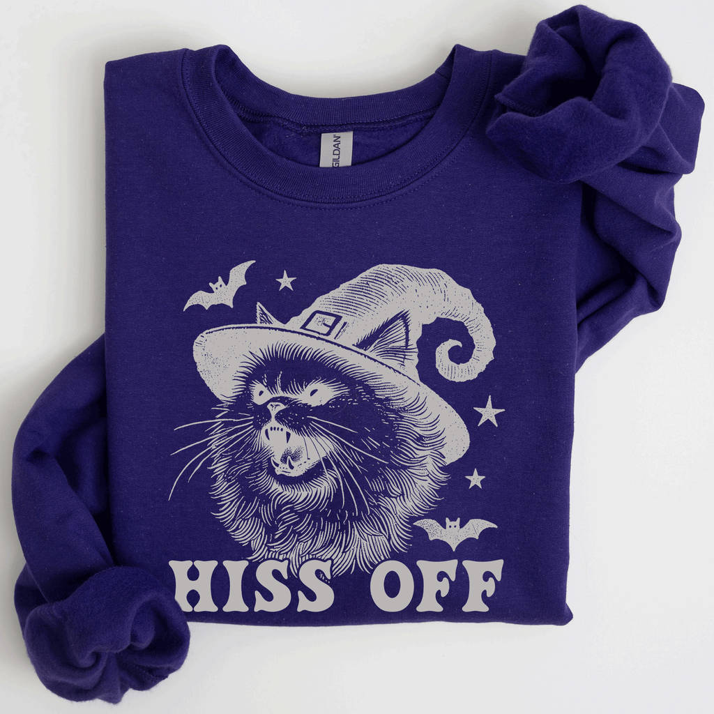 Hiss Off Cat Halloween Witch Cozy Feline Graphic Illustration For Cozy Fall Fashion Sweatshirt