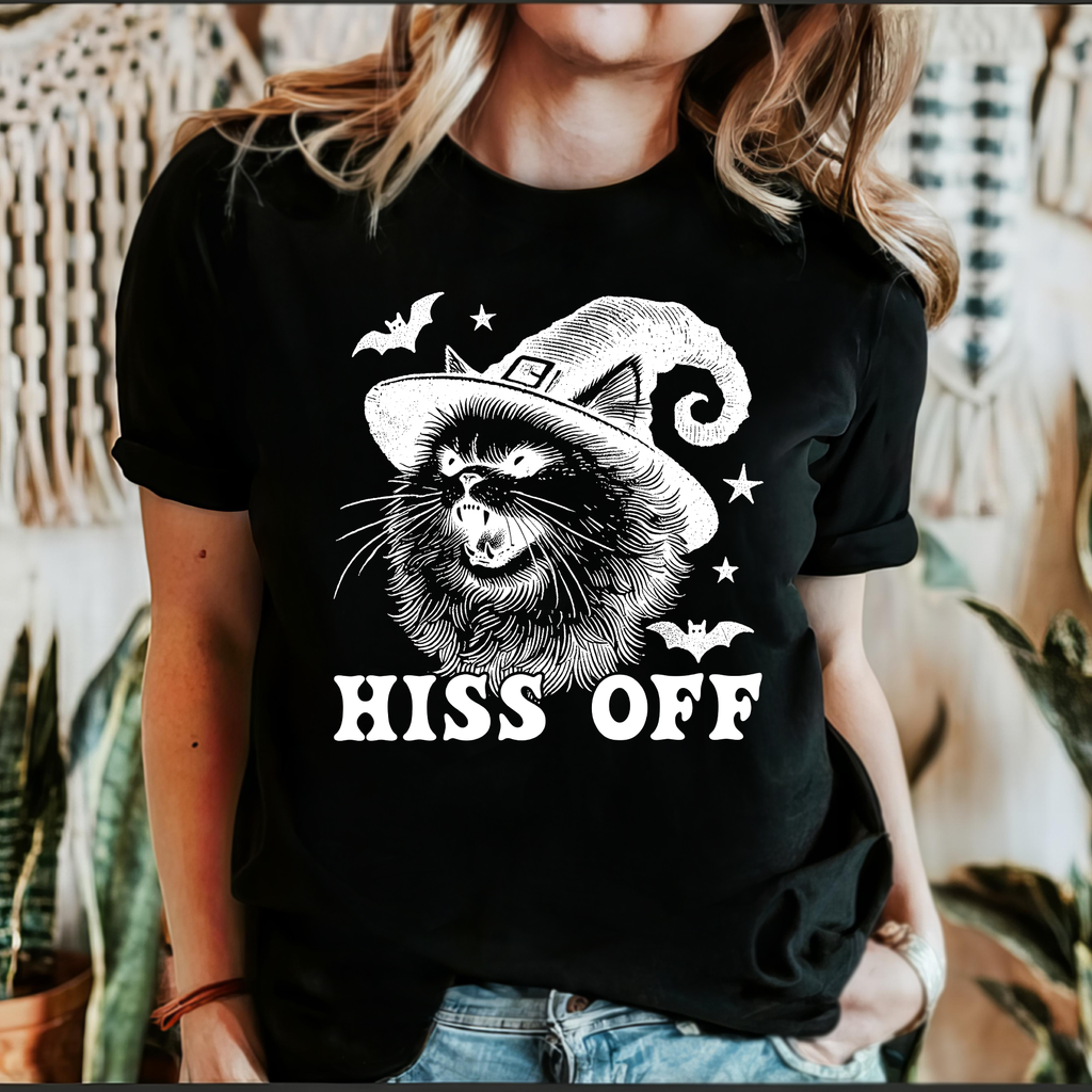 Hiss Off Cat Halloween Witch Spooky Feline Lover Gothic Cat Deluxe Limited Edition Graphic Tee