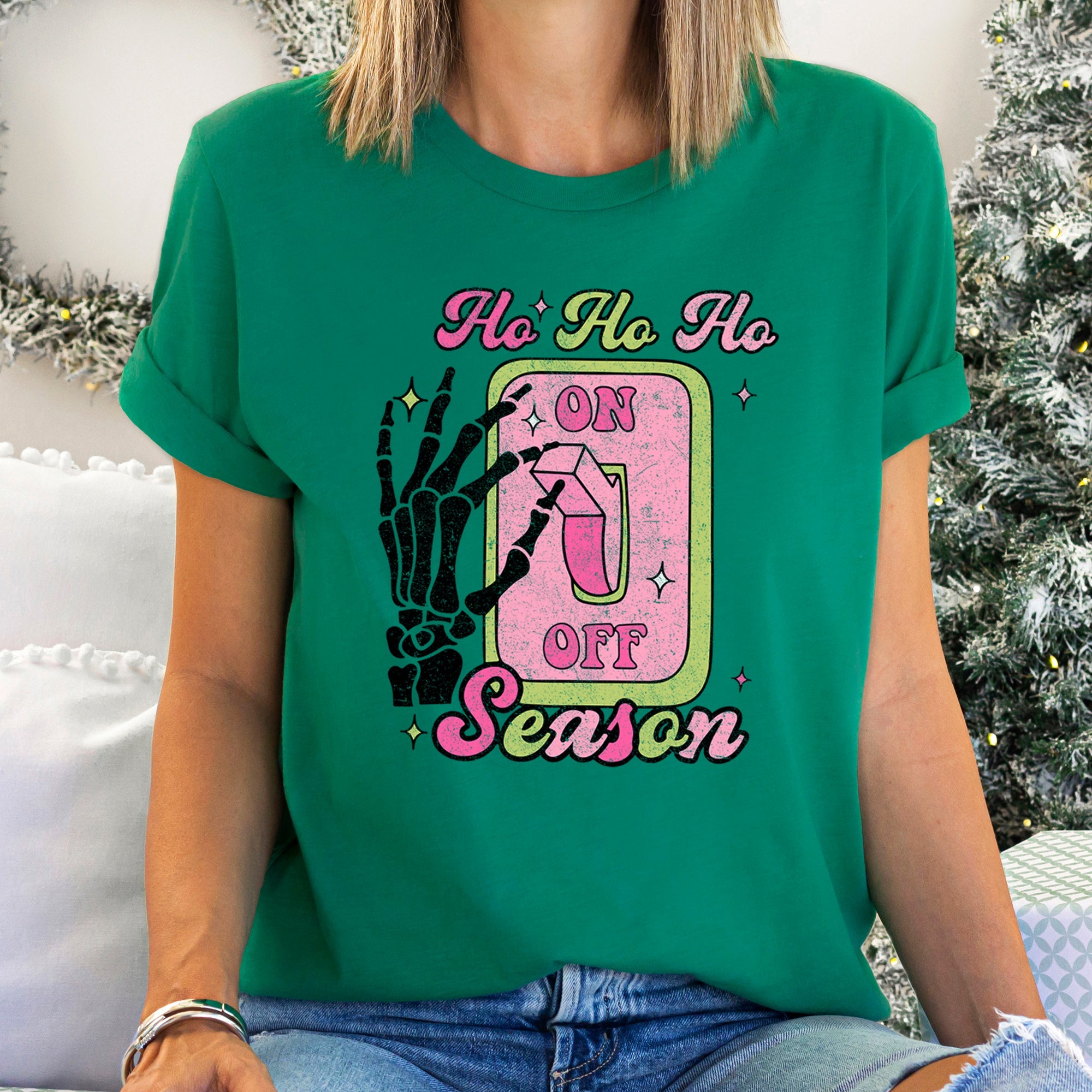 Ho Ho Ho Season Skeleton On Light Switch Christmas Themed Holiday Ghostly Grin And Festive Nighttime Decor Graphic Tee