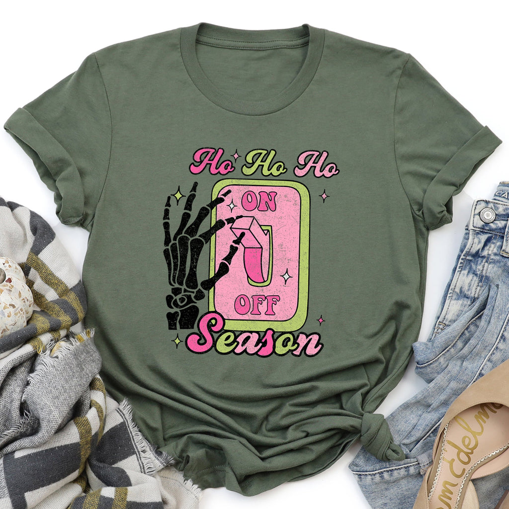Ho Ho Ho Season Skeleton On Light Switch Christmas Themed Holiday Ghostly Grin And Festive Nighttime Decor Graphic Tee