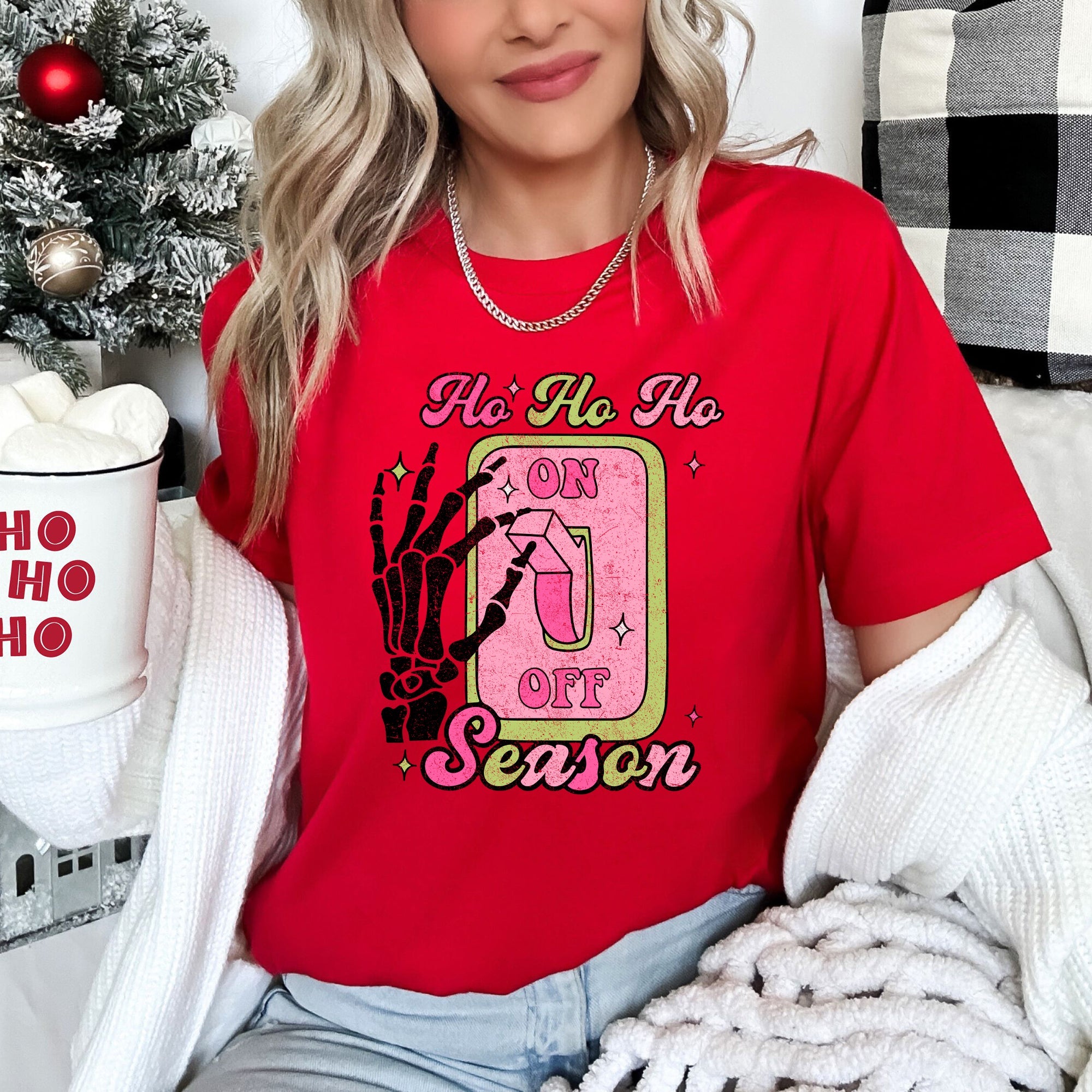 Ho Ho Ho Season Skeleton On Light Switch Christmas Themed Holiday Ghostly Grin And Festive Nighttime Decor Graphic Tee