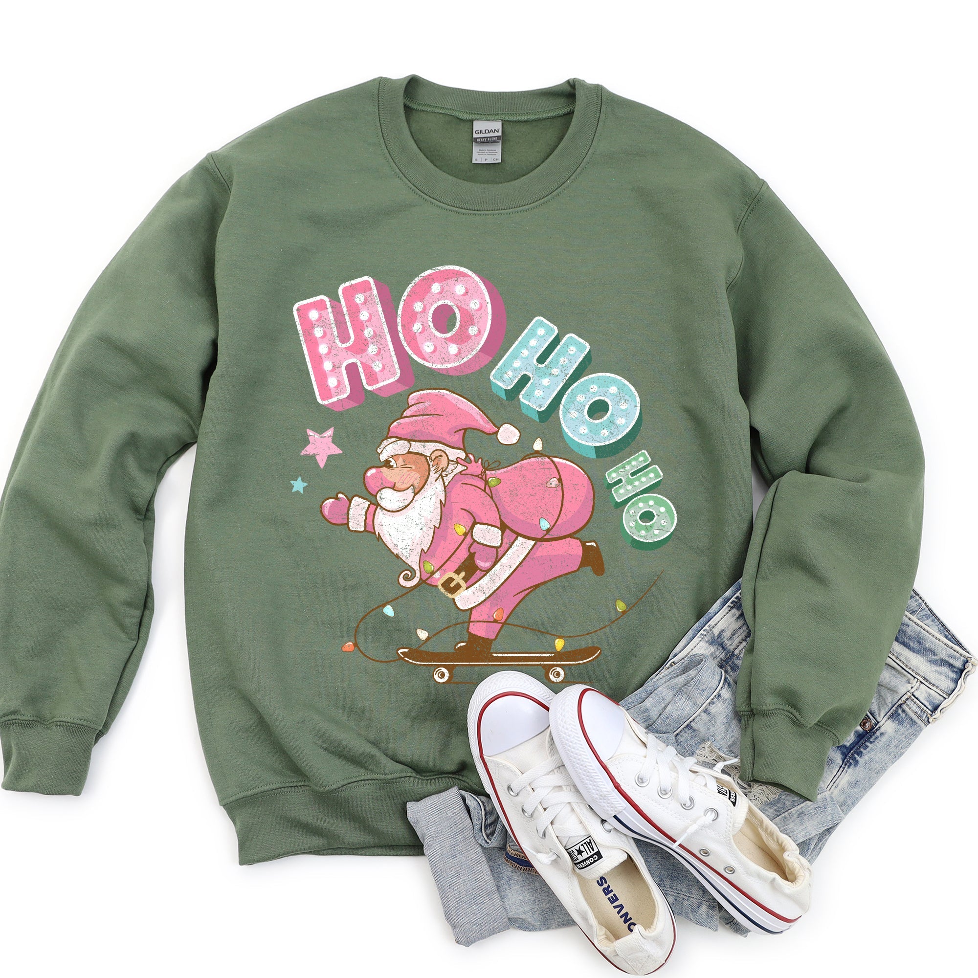 Ho Ho Ho Pink Skateboarding Santa Festive Holiday Cheer Retro Graphic Classic Sweatshirt