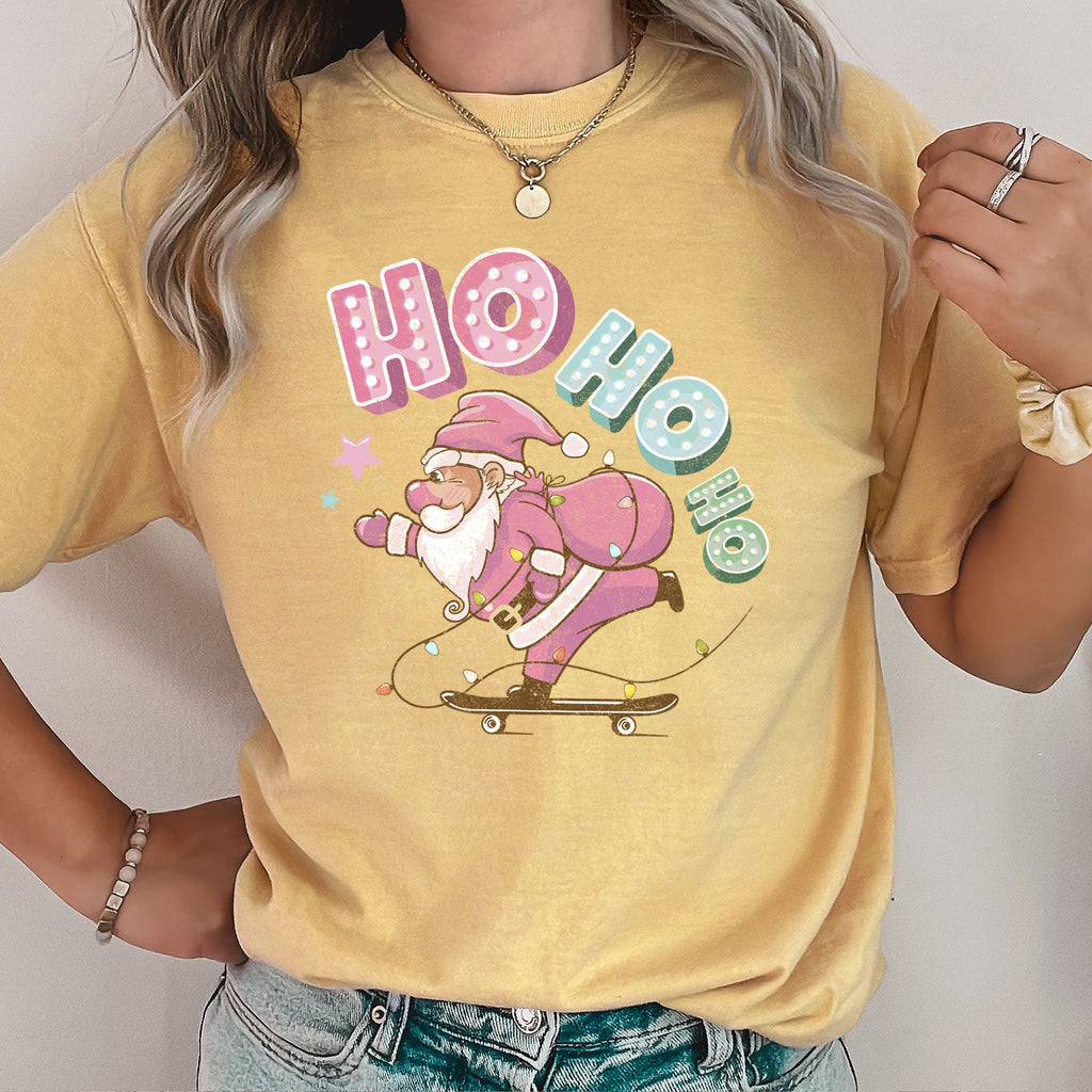 Ho Ho Ho Pink Skateboarding Santa Retro Christmas Graphic Holiday Edition Comfort Colors Tee