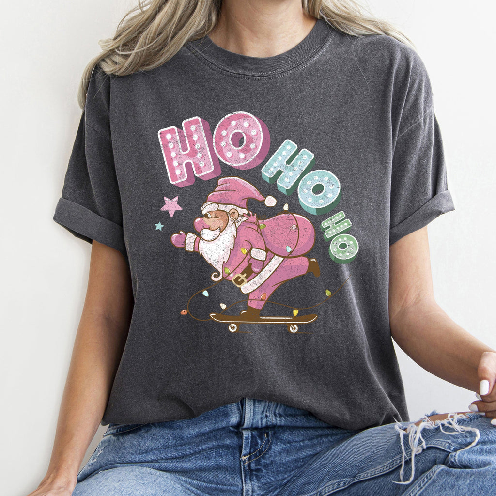 Ho Ho Ho Pink Skateboarding Santa Retro Christmas Graphic Holiday Edition Comfort Colors Tee