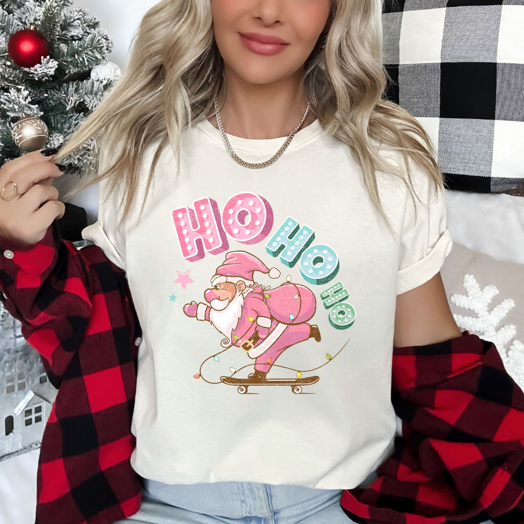 Ho Ho Ho Pink Skateboarding Santa Christmas Retro Vintage Bold Limited Classic Graphic Tee