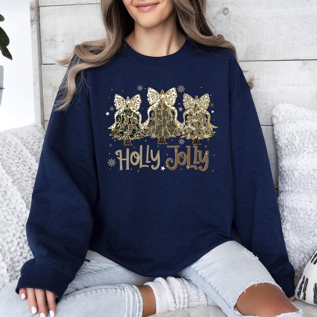 Holly Jolly Camo Christmas Tree Santa Ribbons Bows Cozy Christmas Cheer Sweatshirt