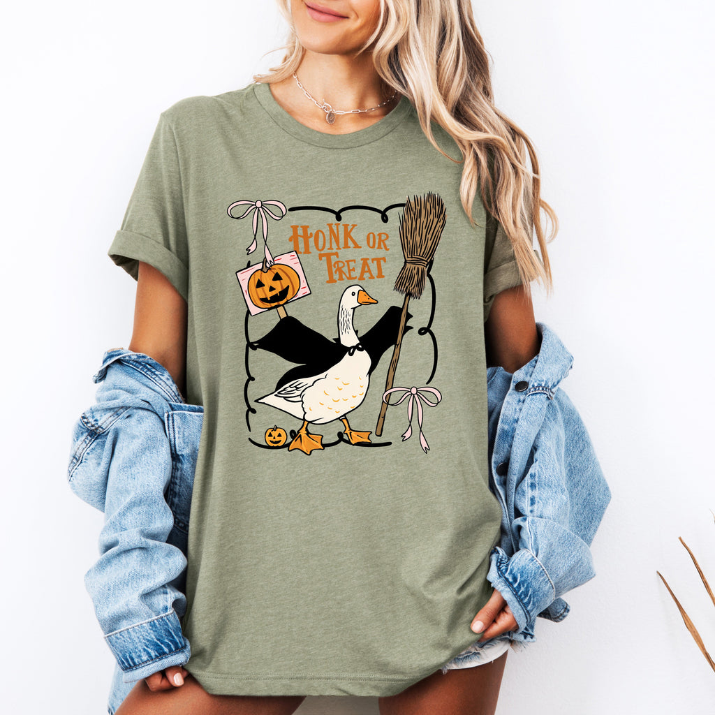 Honk or Treat Cute Goose Halloween Witch Cozy Spooky Season Mascot Illustration For Halloween Party Wear Graphic Tee