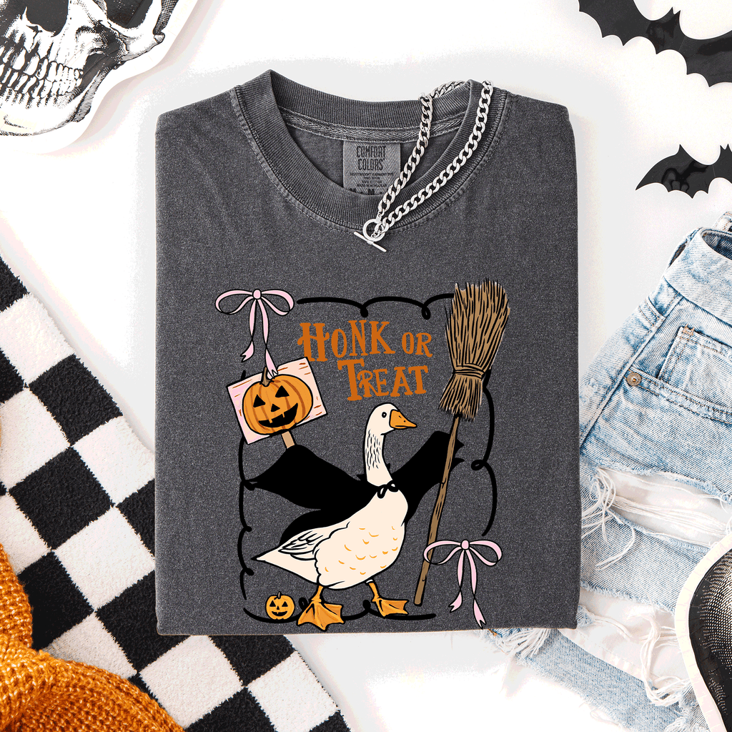 Honk Or Treat Cute Goose Halloween Witch Graphic Celebration Edition Comfort Colors Tee