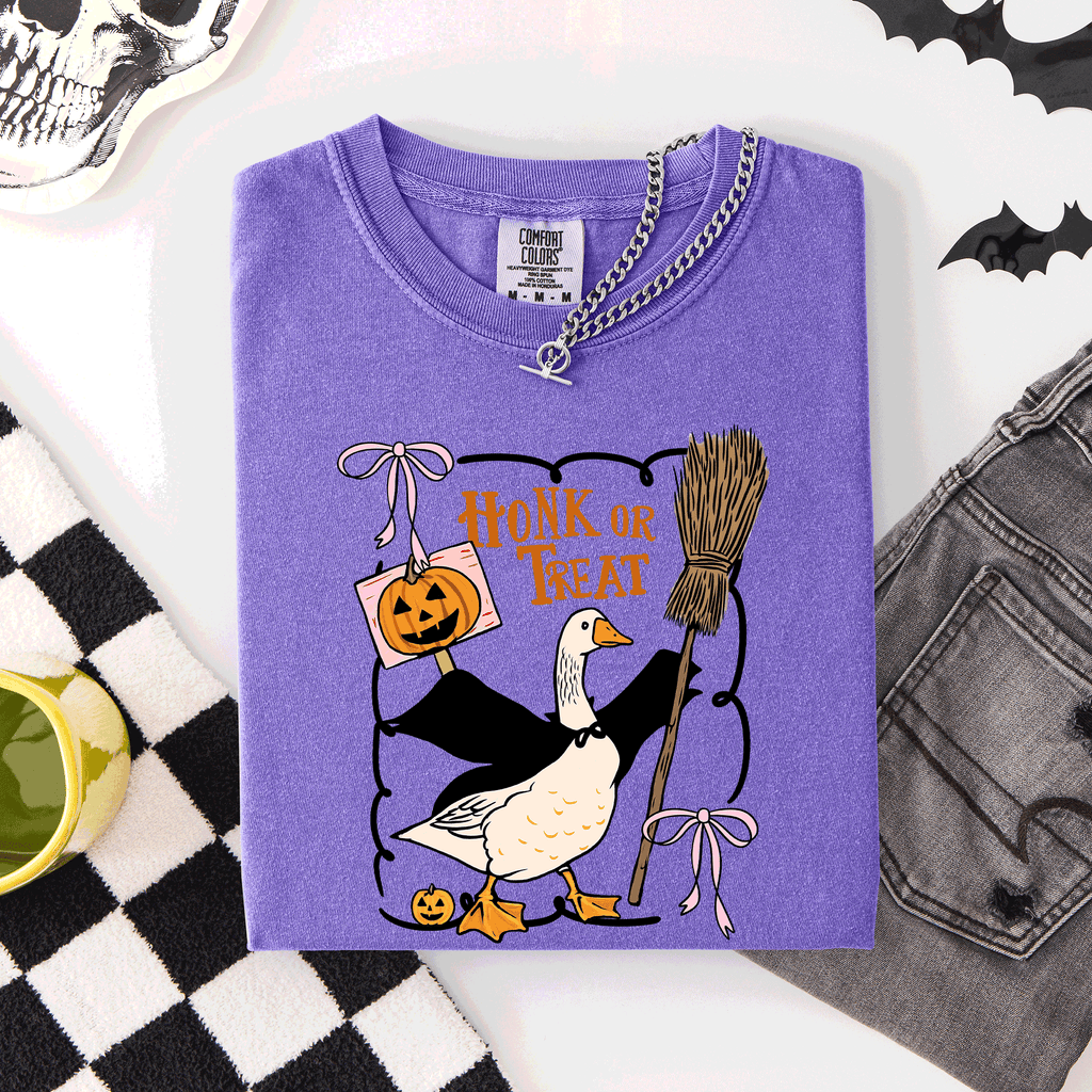 Honk Or Treat Cute Goose Halloween Witch Graphic Celebration Edition Comfort Colors Tee