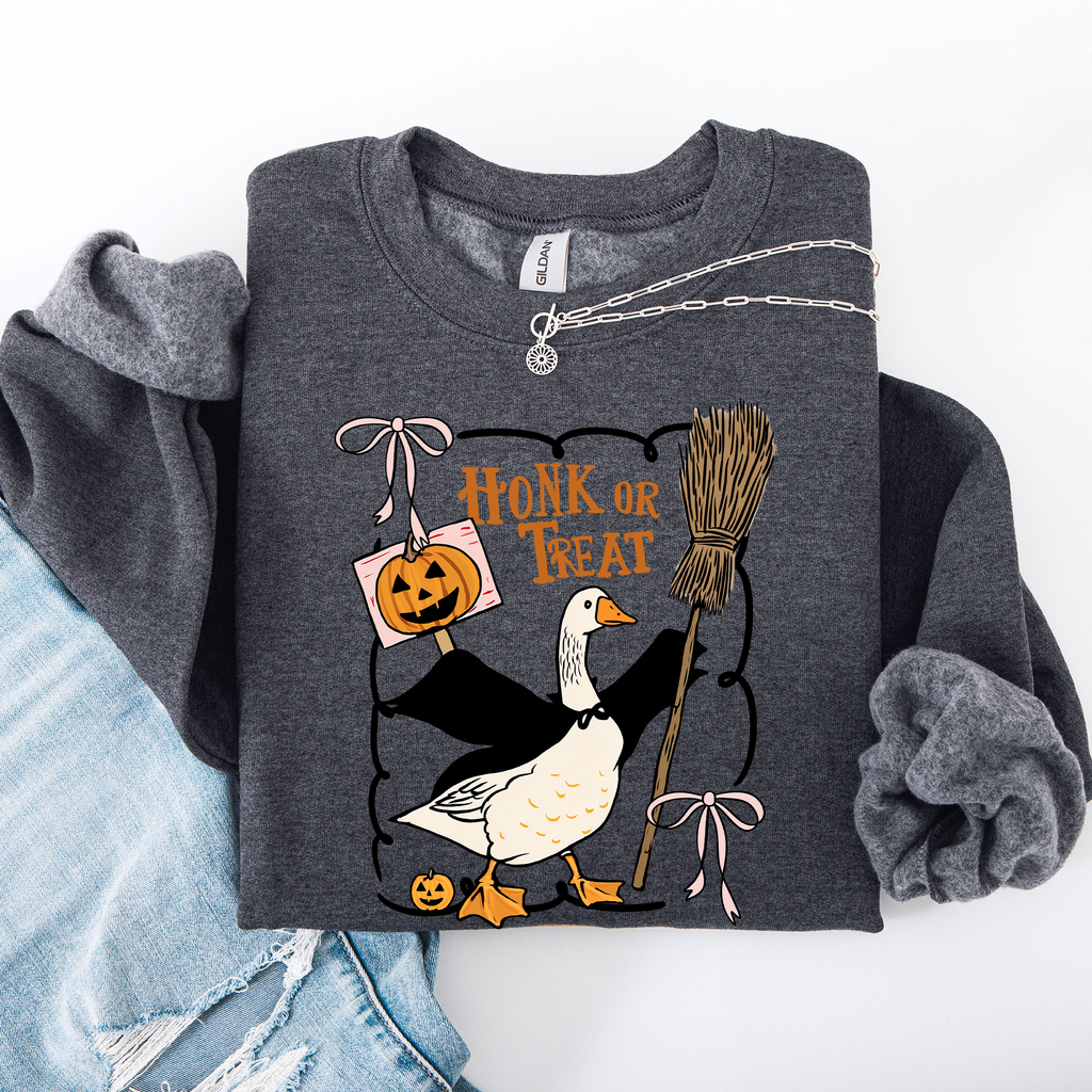 Honk Or Treat Cute Goose Halloween Witch Cozy Graphic Vintage Print Deluxe Sweatshirt
