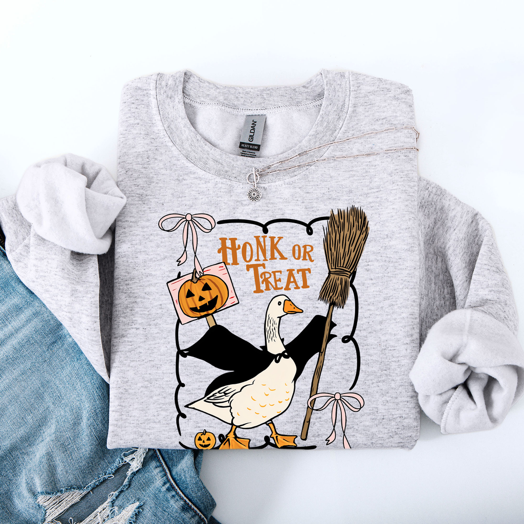Honk Or Treat Cute Goose Halloween Witch Cozy Graphic Vintage Print Deluxe Sweatshirt