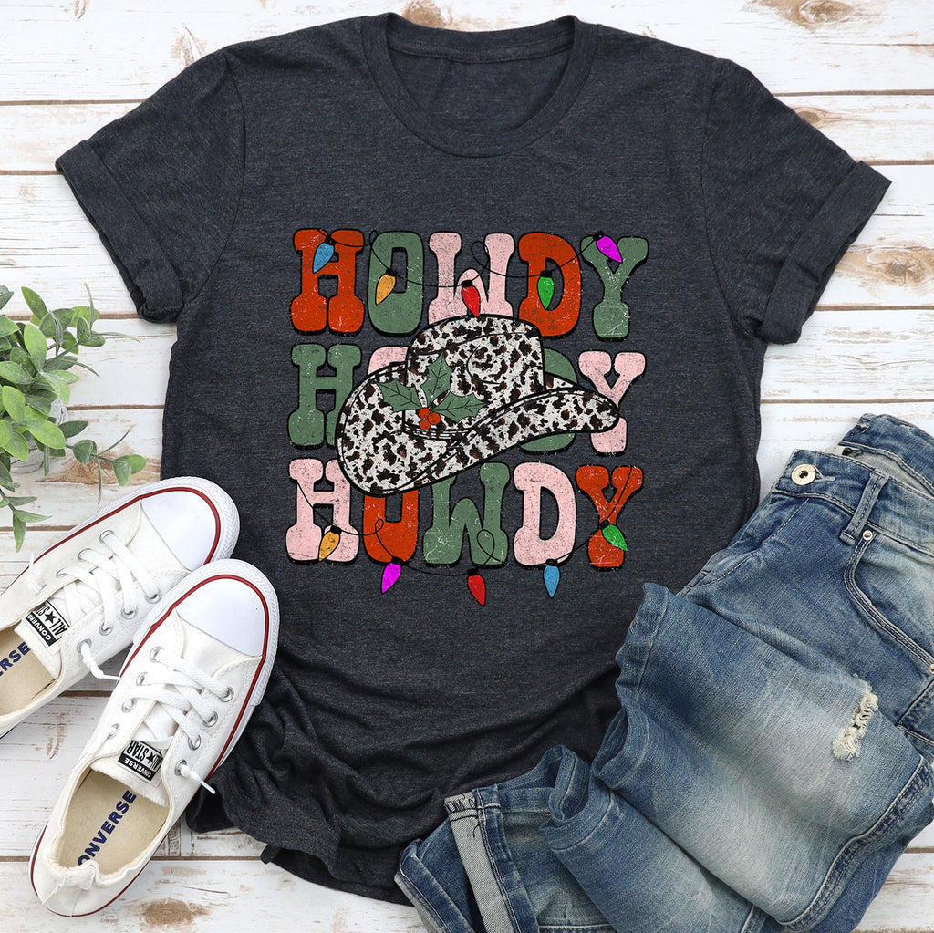 Howdy Christmas Leopard Print Cowboy Hat Retro Text Vintage Western Holiday Graphic Tee