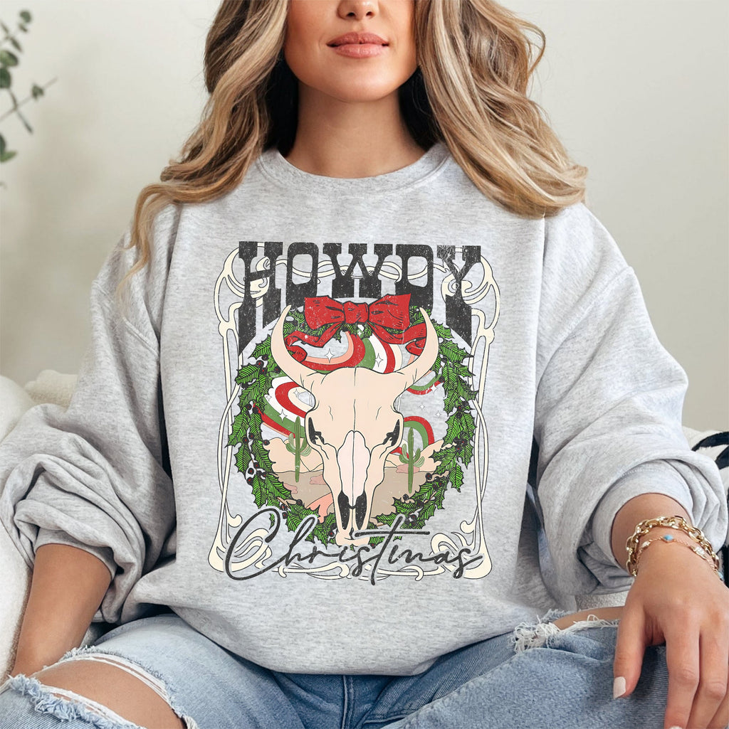 Howdy Christmas Skull Western Cowboy Festive Holiday Edition Graphic Cozy Sweatshirt