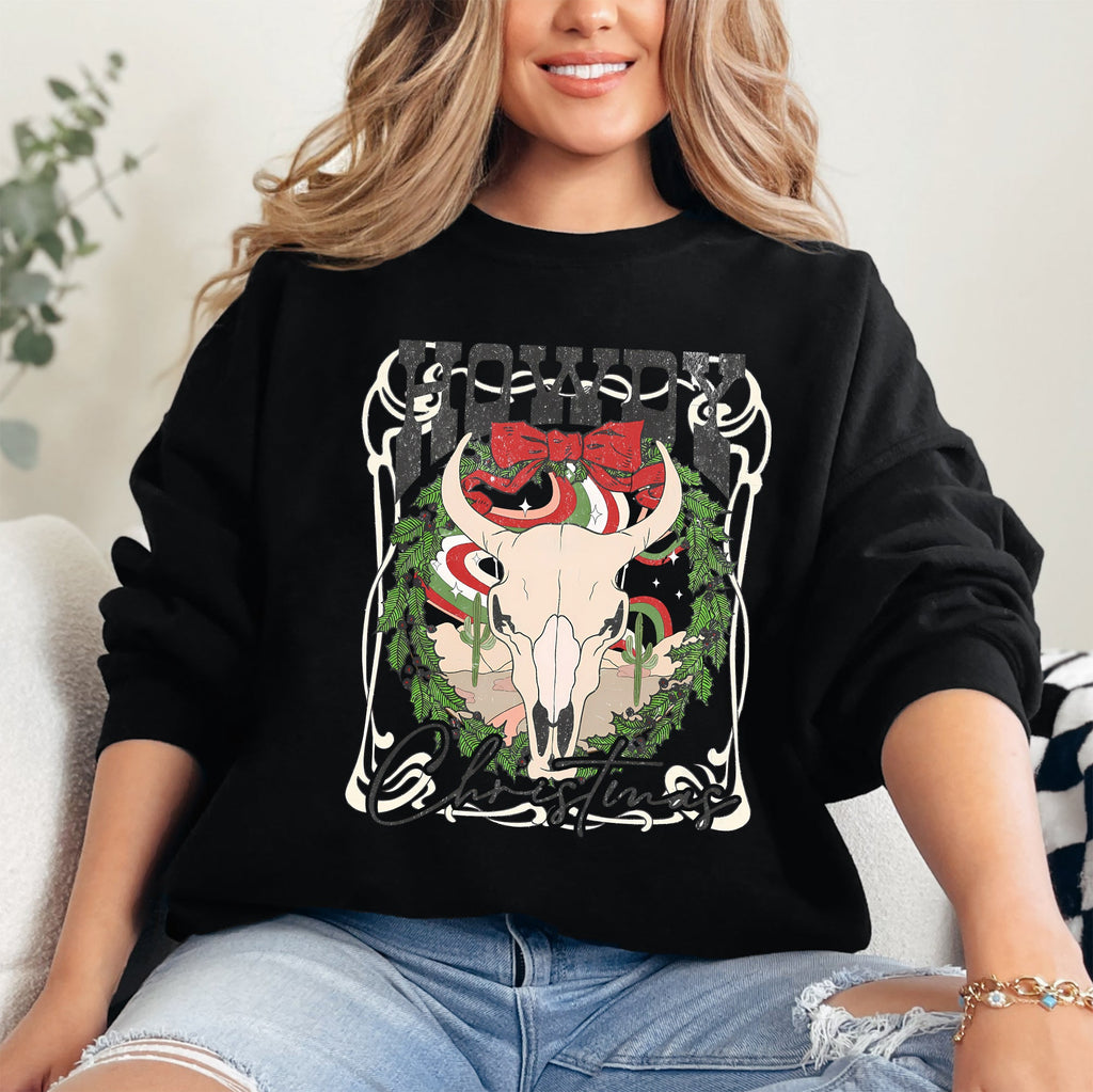 Howdy Christmas Skull Western Cowboy Festive Holiday Edition Graphic Cozy Sweatshirt