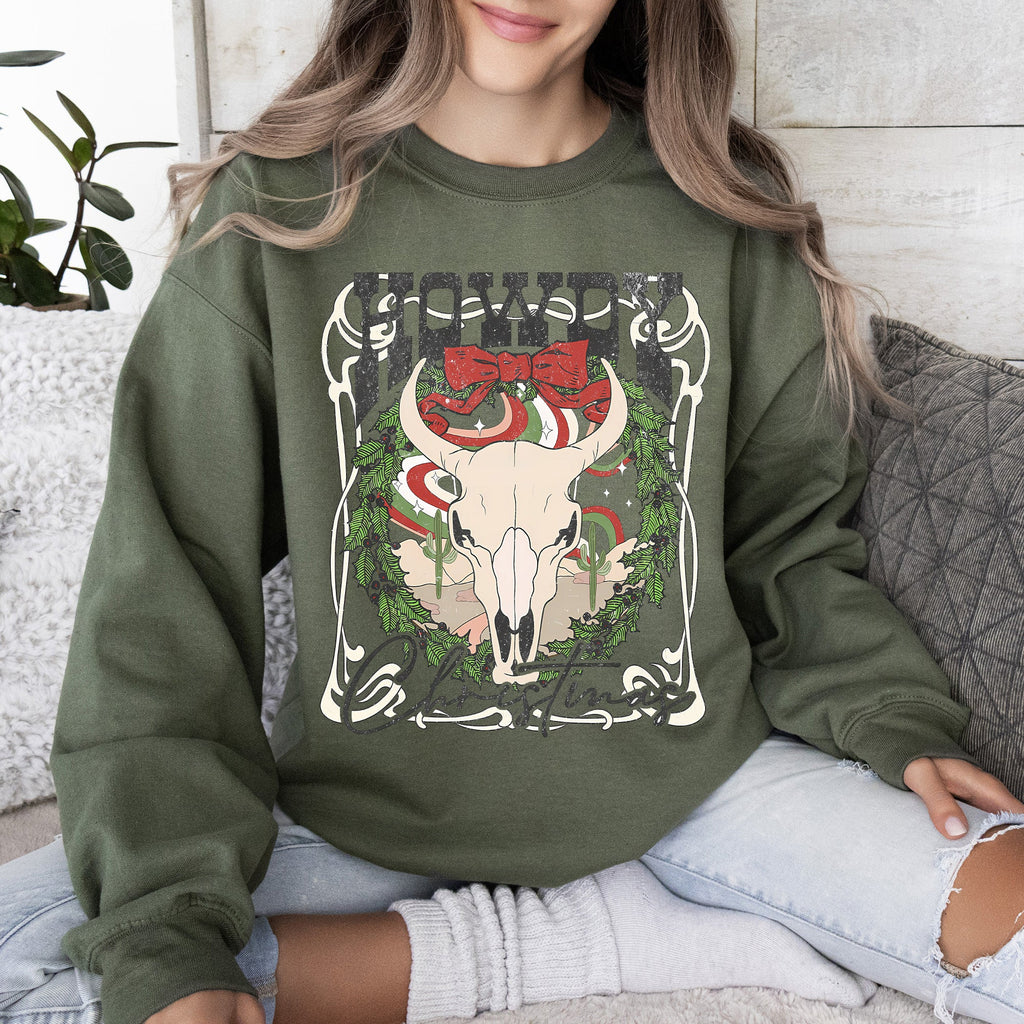 Howdy Christmas Skull Western Cowboy Festive Holiday Edition Graphic Cozy Sweatshirt