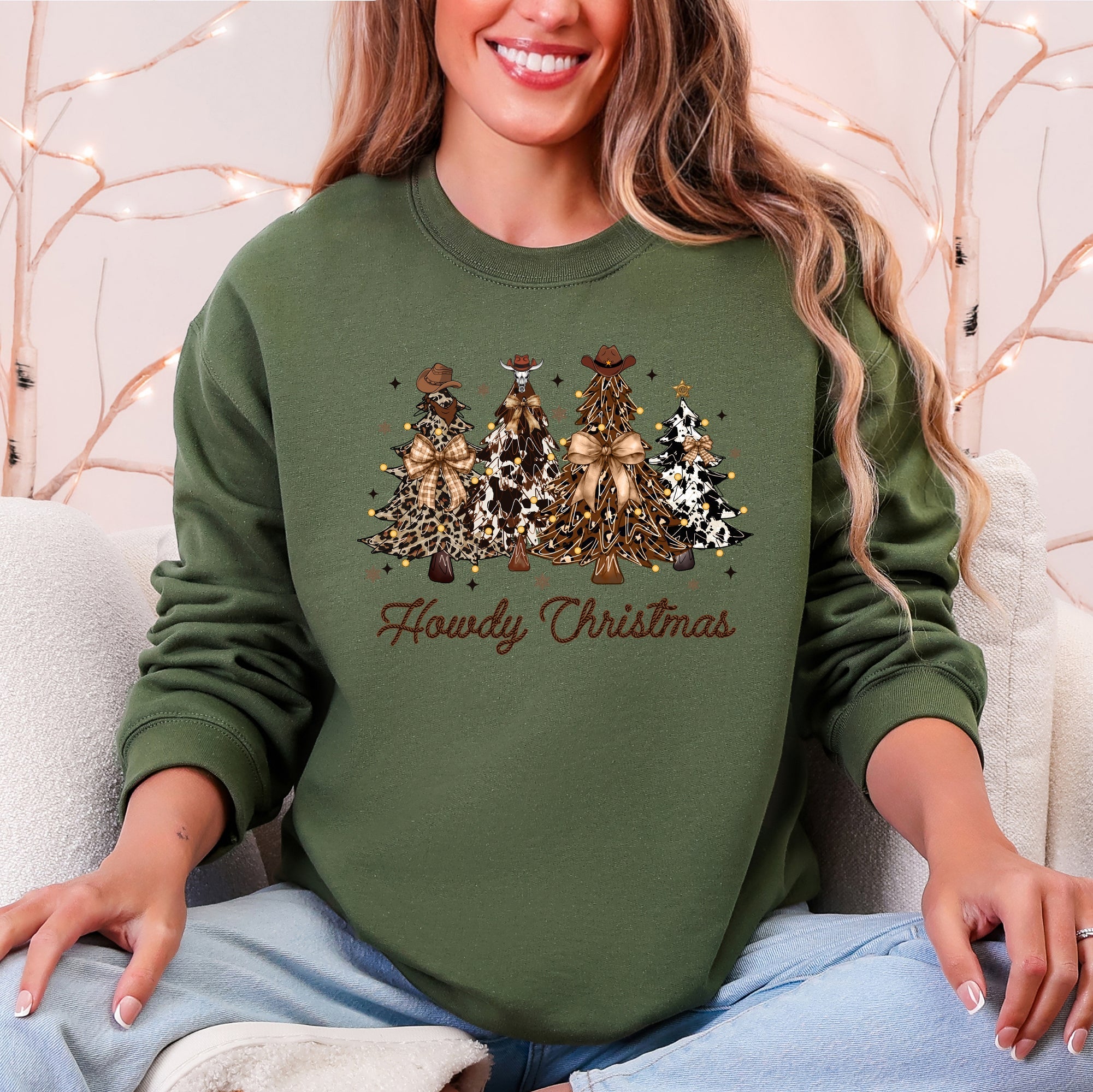 Howdy Christmas Western Santa Christmas Trees Holiday Western Theme Festive Cozy Sweatshirt