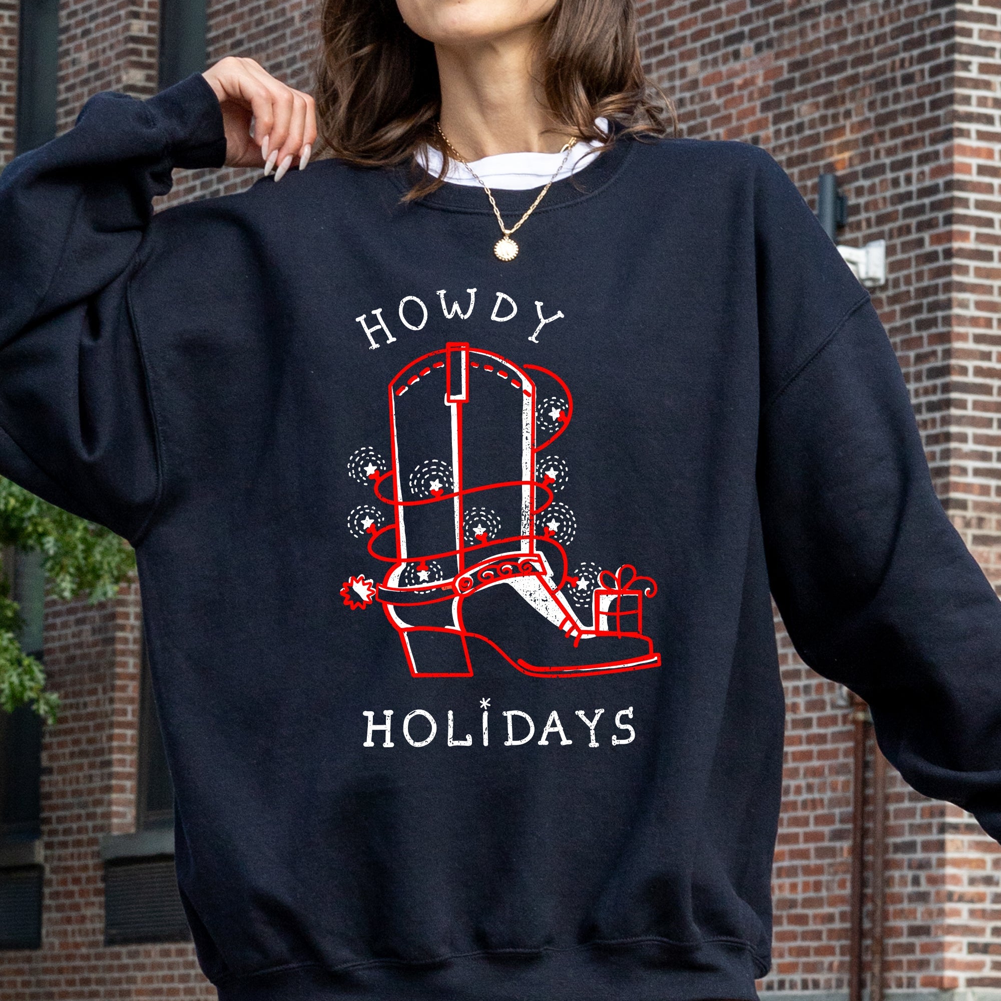 Howdy Holidays Christmas Cowboy Boot Country Western Xmas Graphic Premium Sweatshirt
